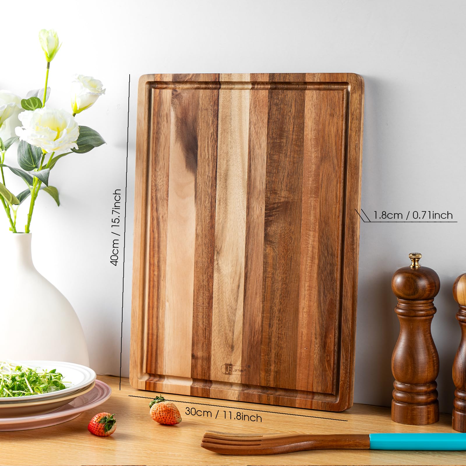 Wood Cutting Board,James.F Thick Acacia Wooden Cutting Board with Juice Groove, Reversible Charcuterie Serving Board for Kitchen, Large Chopping Board for Meat Bread Cheese(15.7” x 11.8“ x 0.7”)