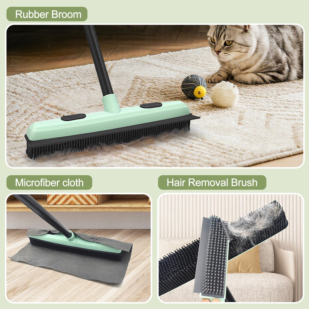 DALIPER Pet Hair Removal Broom with Squeegee 58‘’ inches Long Handle Carpet Rake, Rubber Push Fur Broom, Carpet Squeegee with Detailing Lint Brush