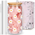 Cute Glass Cups with Lids and Straws, Daisy Design Iced Coffee Cup, Aesthetic Mug Tumbler for Women, Flower Drinking Glasses, Birthday Valentines Christmas Mothers Day Coffee Lover Gifts for Women