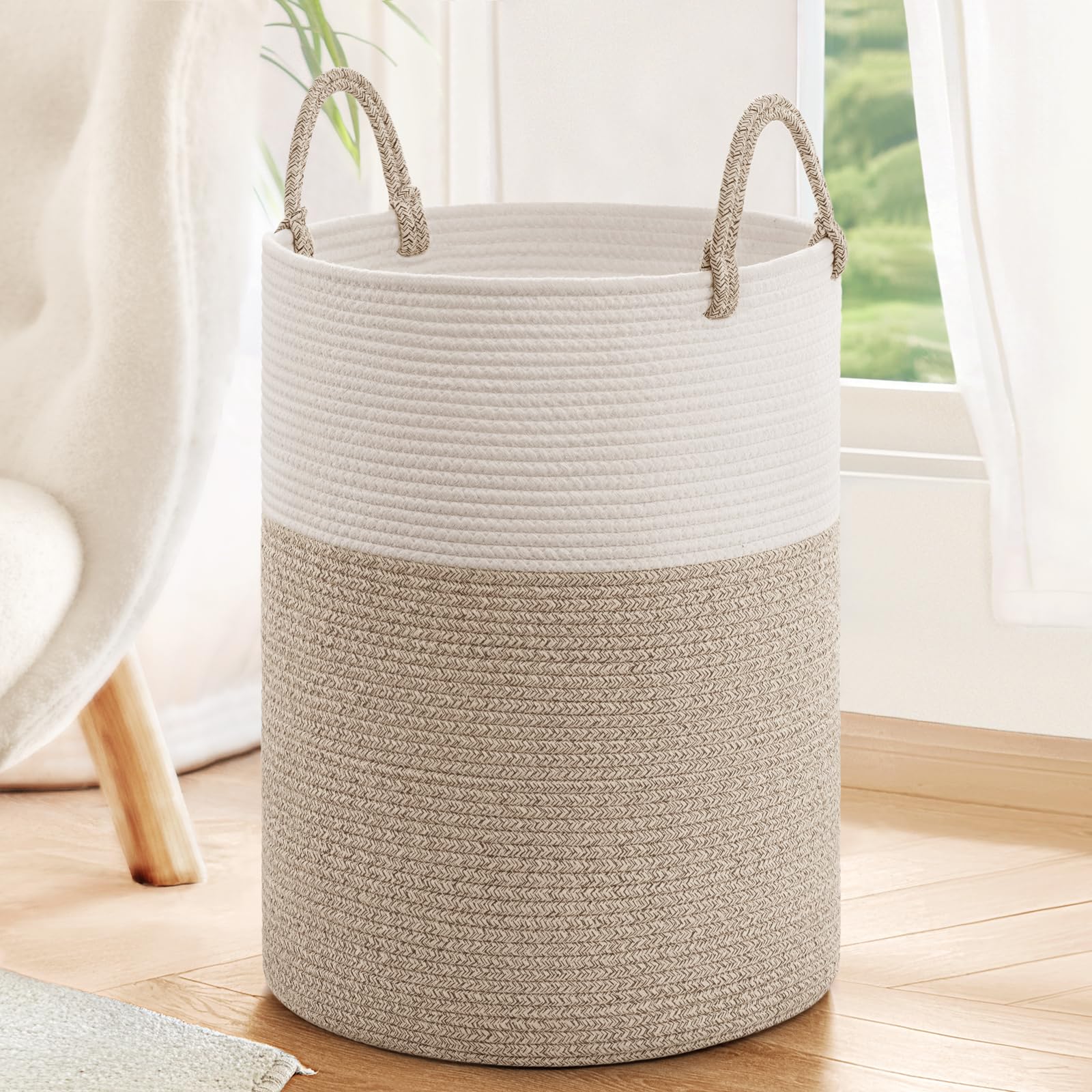 INDRESSME Large Laundry Hamper, 55L Baby Laundry Hamper for Toys, Tall Woven Laundry Basket for Clothes, Blanket Storage Basket for Living Room, 19.7 x 13.8 inches, Light & Brown