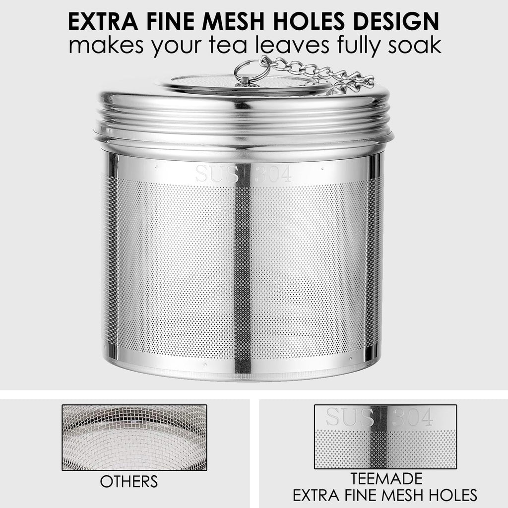 TEEMADE Extra Large Tea Infuser -304 Stainless Steel with Threaded Lid & Chain Hook-Perfect for Loose Leaf Tea,Cooking,Herbs,Iced Tea & Soup - Extra Fine Mesh Tea Strainers