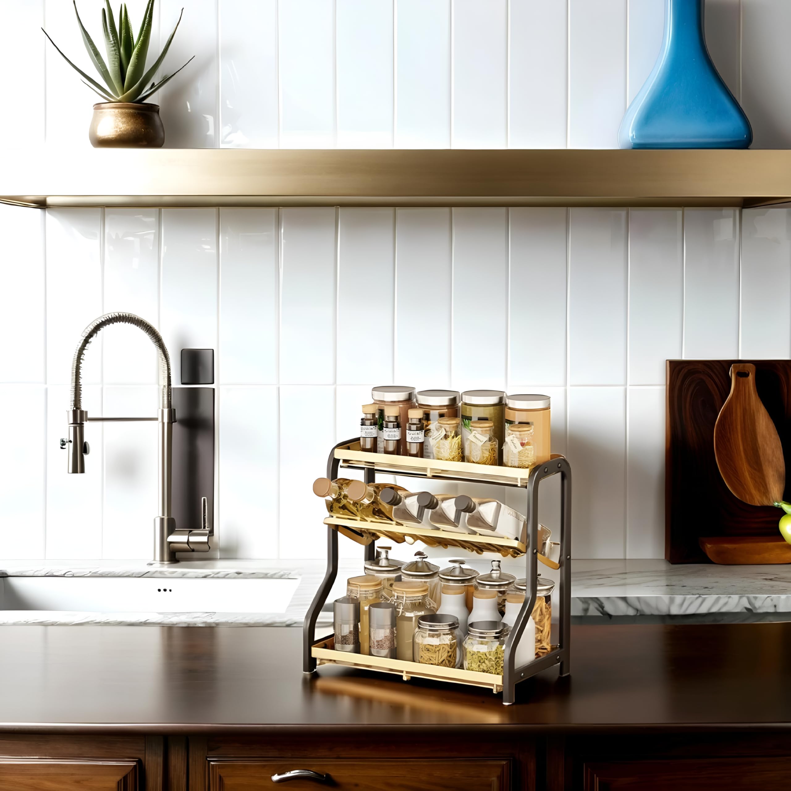 DadaoEC 3 Tier Countertop Organizer For Kitchen Black Steels Cooking oil bottle and Spice Seasoning Sauce storage rack Metal counter shelf for Cupboard