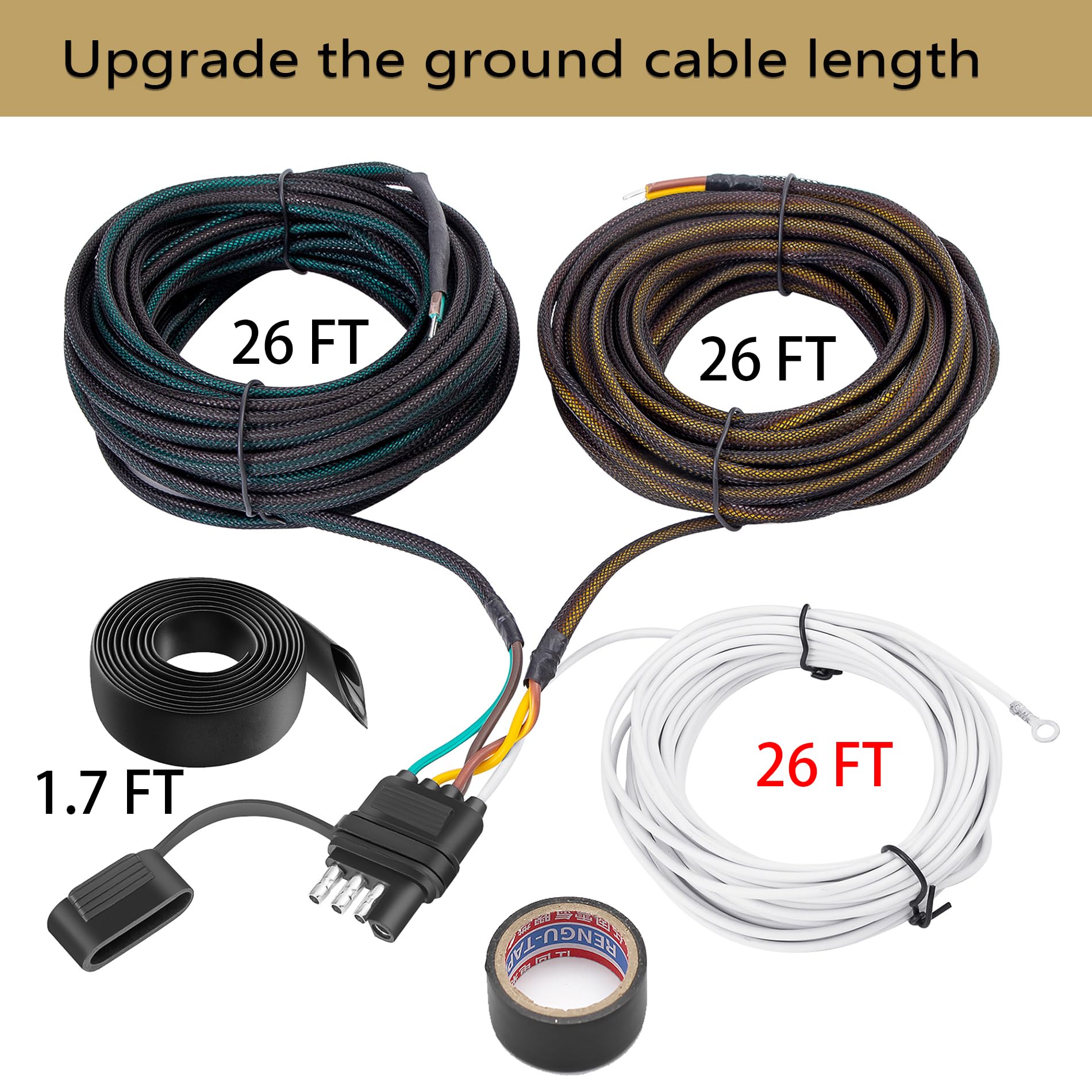 Bitiontry Upgraded 4 Pin 5 Wire Trailer Wiring Harness 26FT for Rewiring Trailer Both-Side Taillights, Pure Copper Wishbond Trailer Light Kit 4 Way Flat 5 Wire Trailer Plug w/Nylon Net Tube Protection