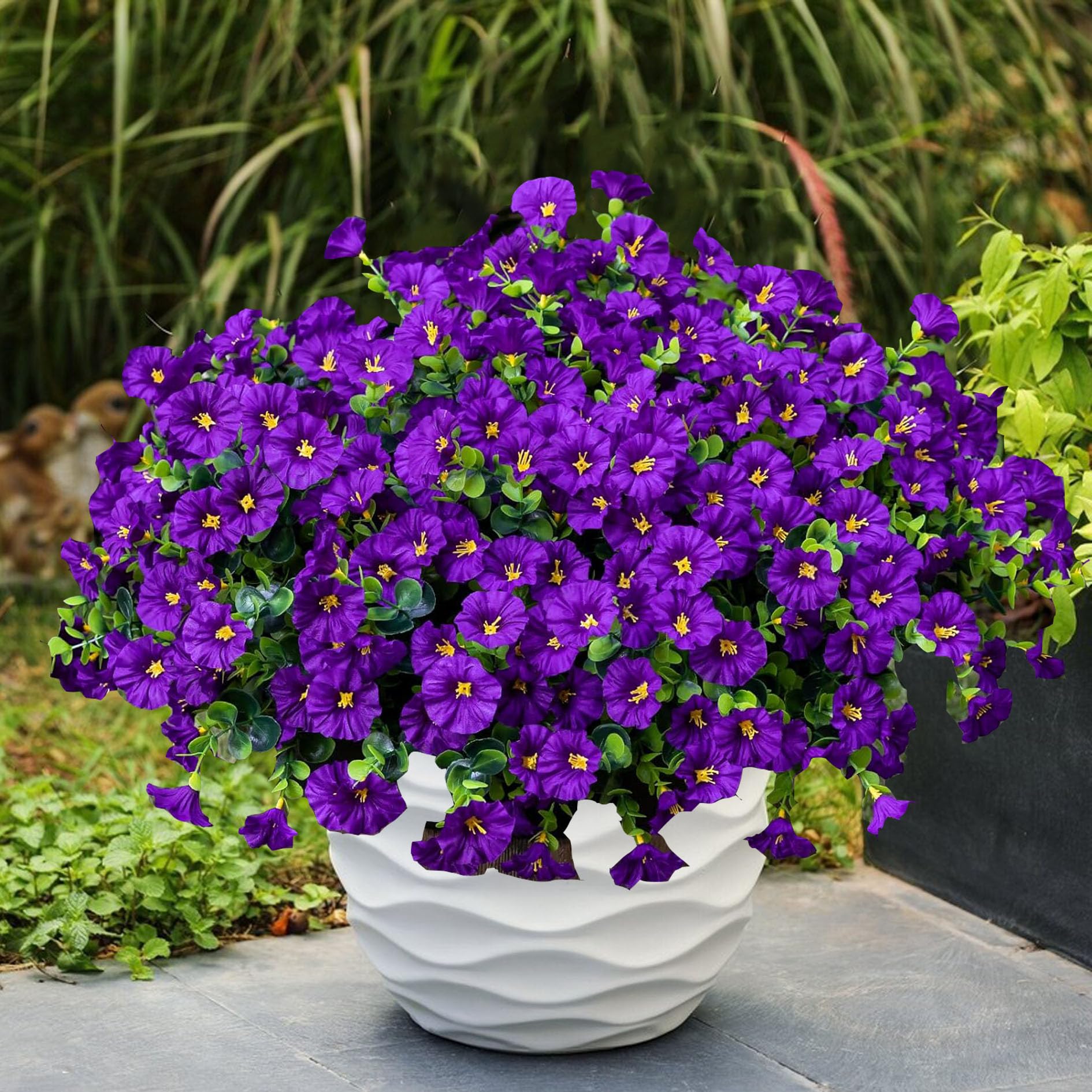 Artificial Flowers for Outdoors16 Bundles of UV-Resistant Silk Morning Glory with Eucalyptus-Realistic Faux Plants as Perfect Filler for Home Planter Porch & Garden Decor (Purple)