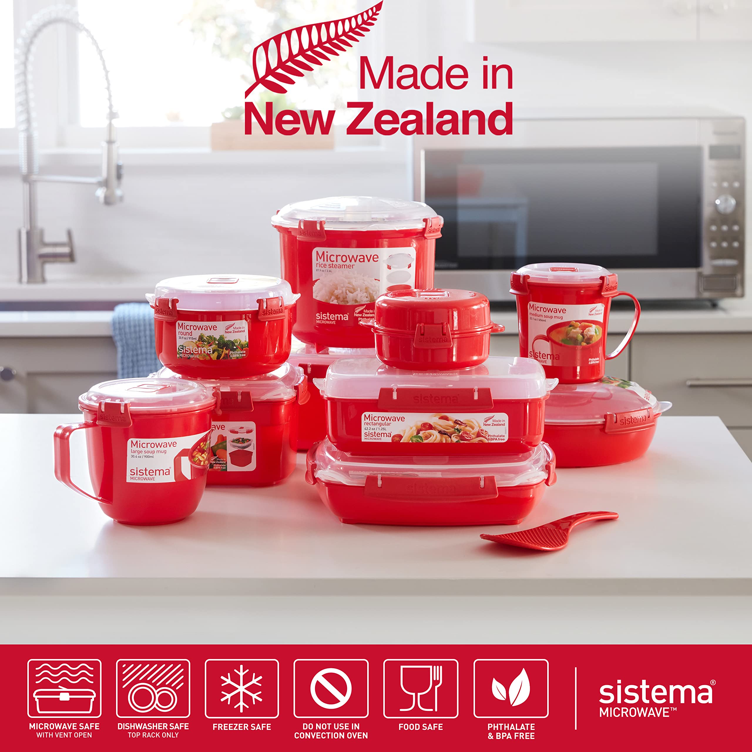Sistema Heat and Eat Microwave Set, Locking Clips & Steam Release Vents, BPA-Free, Assorted Sizes, Red, 4 Pack (8 Pieces)