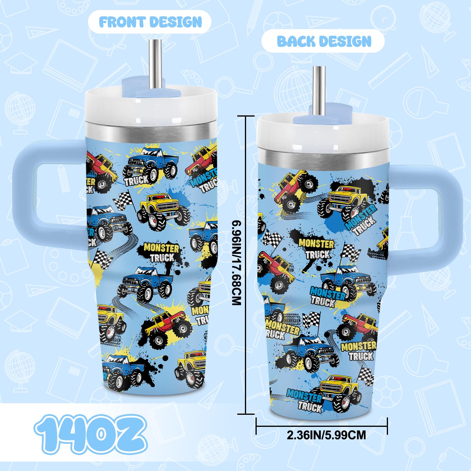 Monster Truck Tumbler with Handle for Kids 14oz, Insulated Stainless Steel Monster Trucks Mug Cup for Boys, Birthday Christmas Gifts for School, Sports