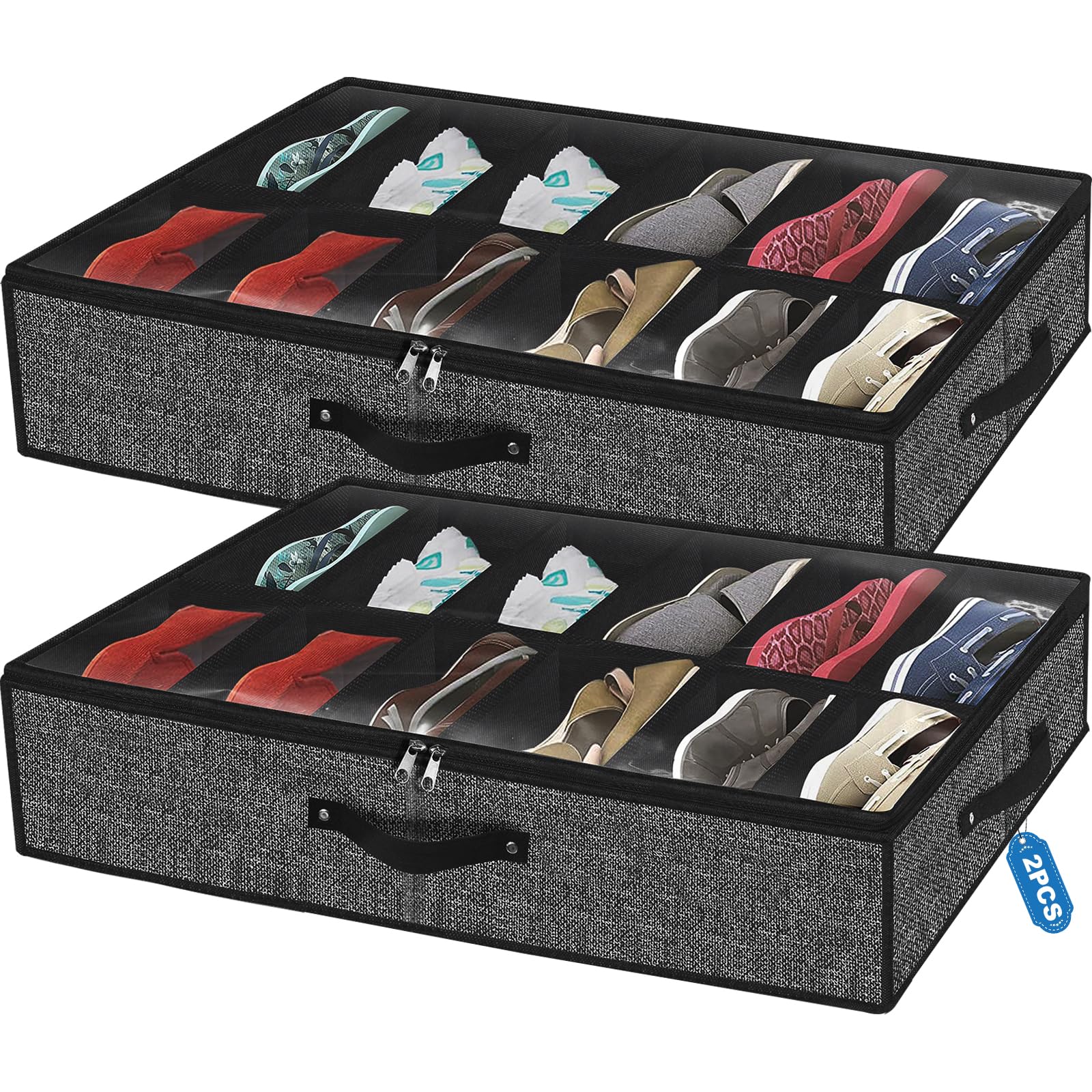 Under Bed Shoe Storage Organizer for Closet Fits 24 Pairs-Sturdy Underbed Shoe Containers Box Bedding Storage Organizador De Zapatos with Clear Cover,Set of 2, 29.3 x 23.6 x 5.9inch(Linen-like Black)
