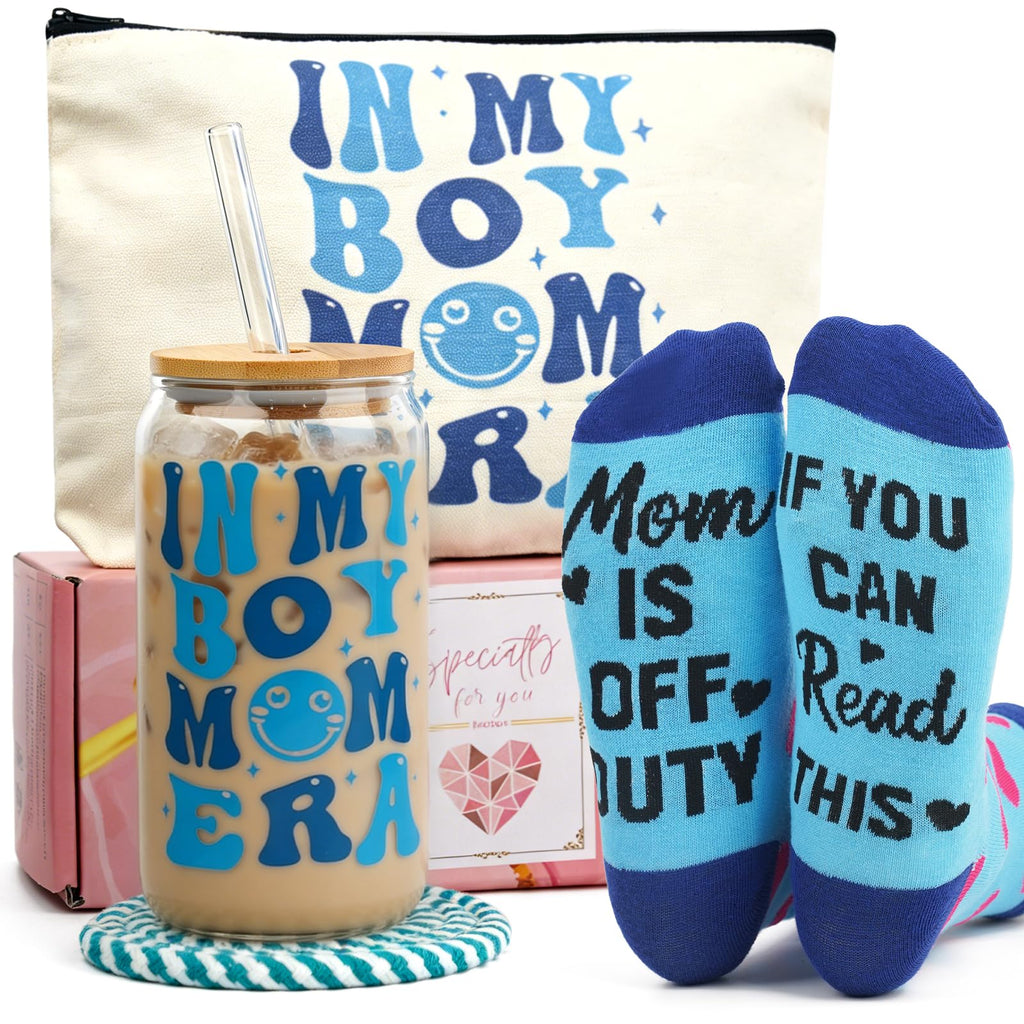 ANOTION in My Boy Mom Era Gift Set - Boy Mom Iced Coffee Cups, Mothers Day Coffee Mug with Straw, New Mom Gifts, Mother's Day Card, Mama Birthday Gift, Glass Tumbler Drinking Cup for Mother