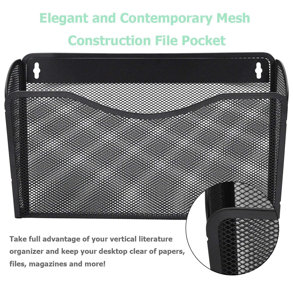 EASEPRES 3 Pack Mesh Wall Mounted File Holder Organizer Metal Hanging Vertical Paper Mails Rack Storage Wire Single Document Filling Holder Pocket for Office and Home, Black