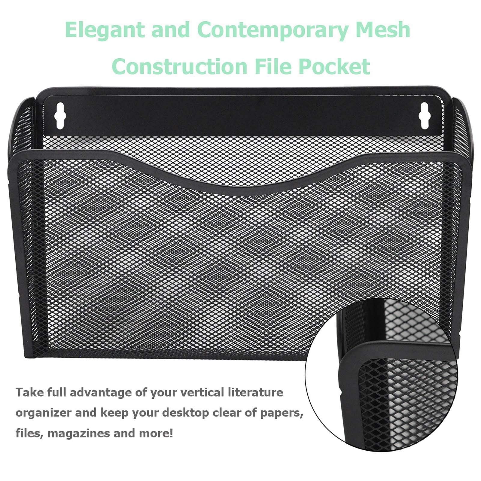 EASEPRES 3 Pack Mesh Wall Mounted File Holder Organizer Metal Hanging Vertical Paper Mails Rack Storage Wire Single Document Filling Holder Pocket for Office and Home, Black