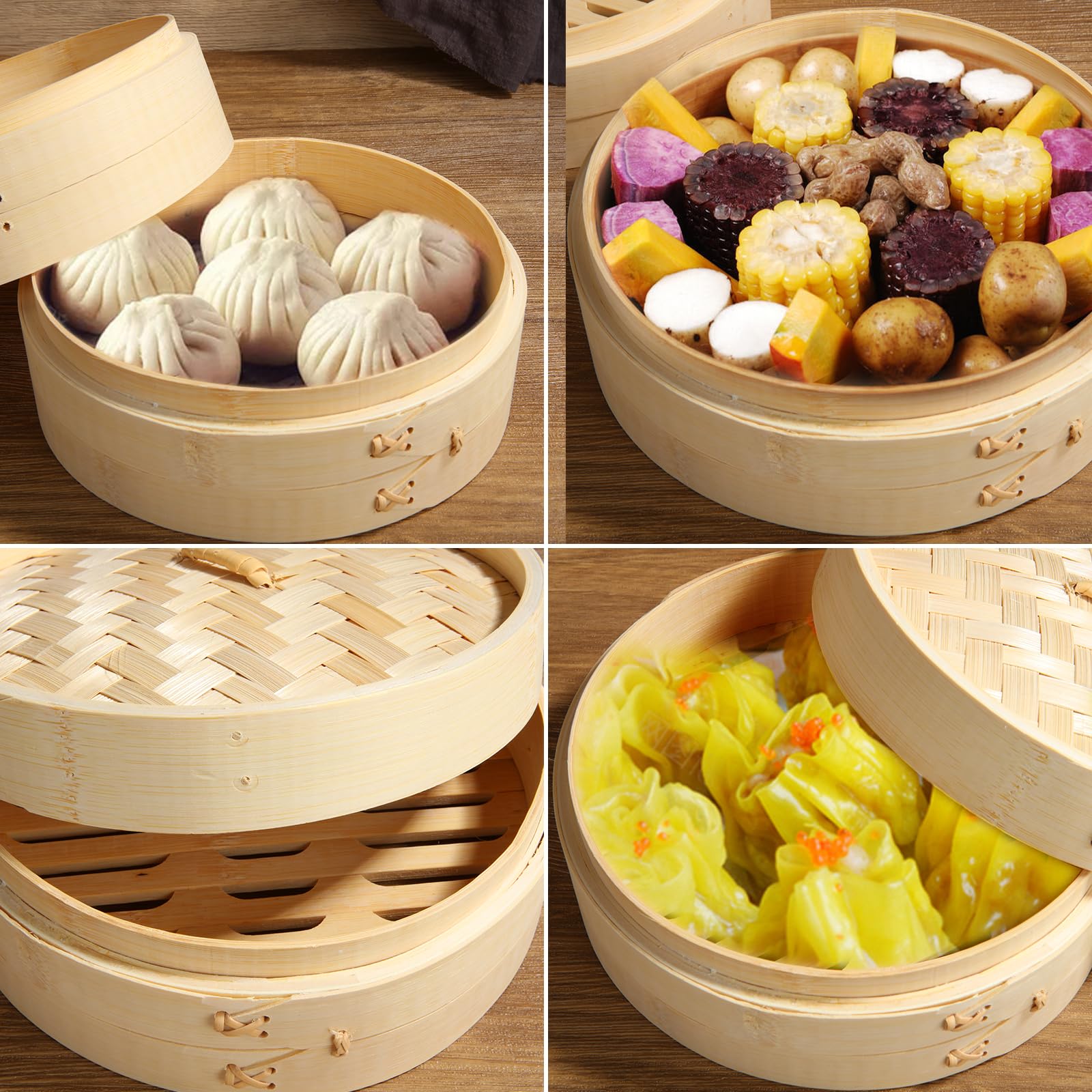 QTLCOHD Bamboo Steamer 8 Inch 3 Tier Dumpling Steamer Basket for Cooking Small Food Steamers for Dim Sum Bao Bun Rice Vegetable