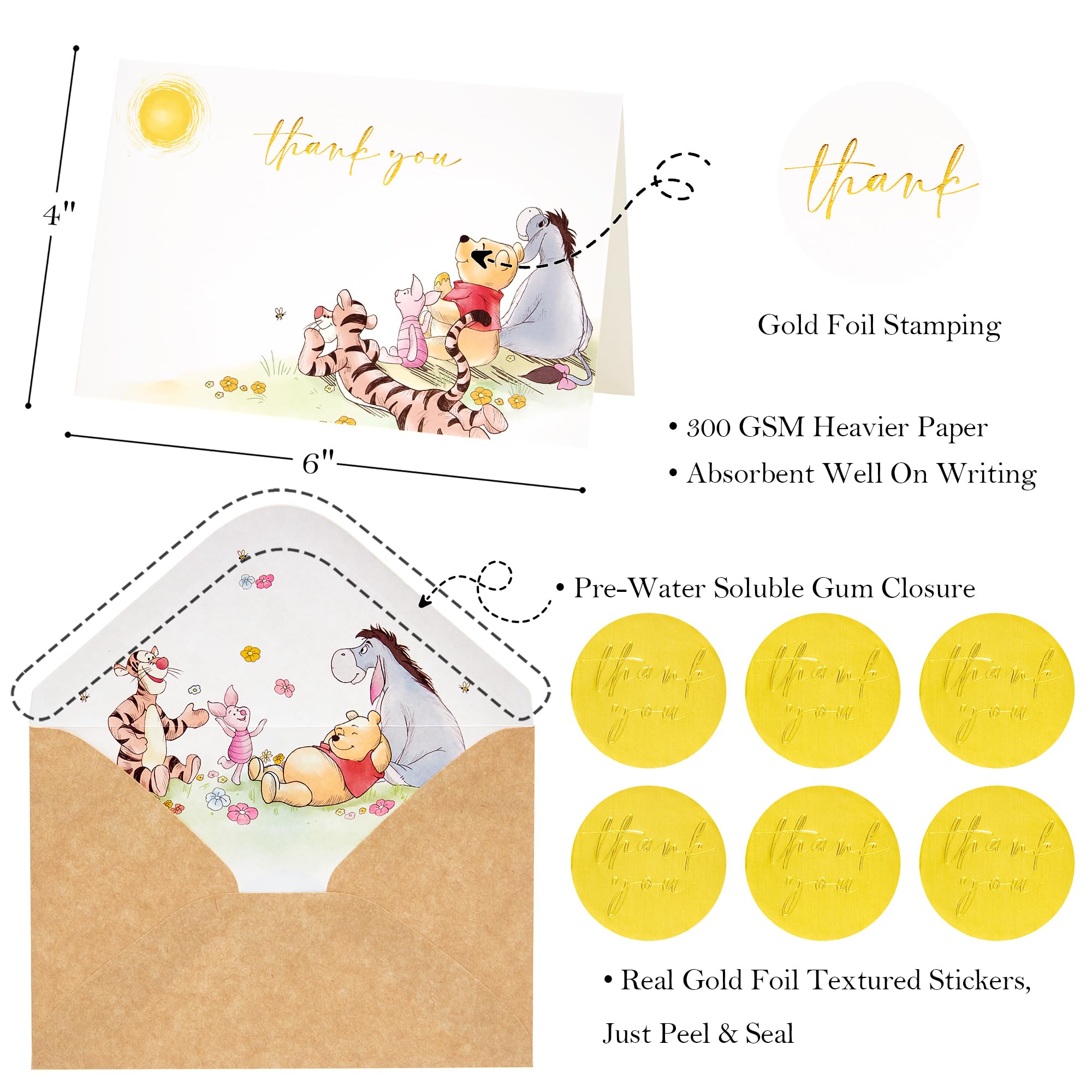 Crisky Gold Foil Cute Bear Thank You Cards Blank Inside with Envelopes and Stickers, 50 Pack Animal Thank You Cards for Baby Showers, Birthdays, Friendsgiving