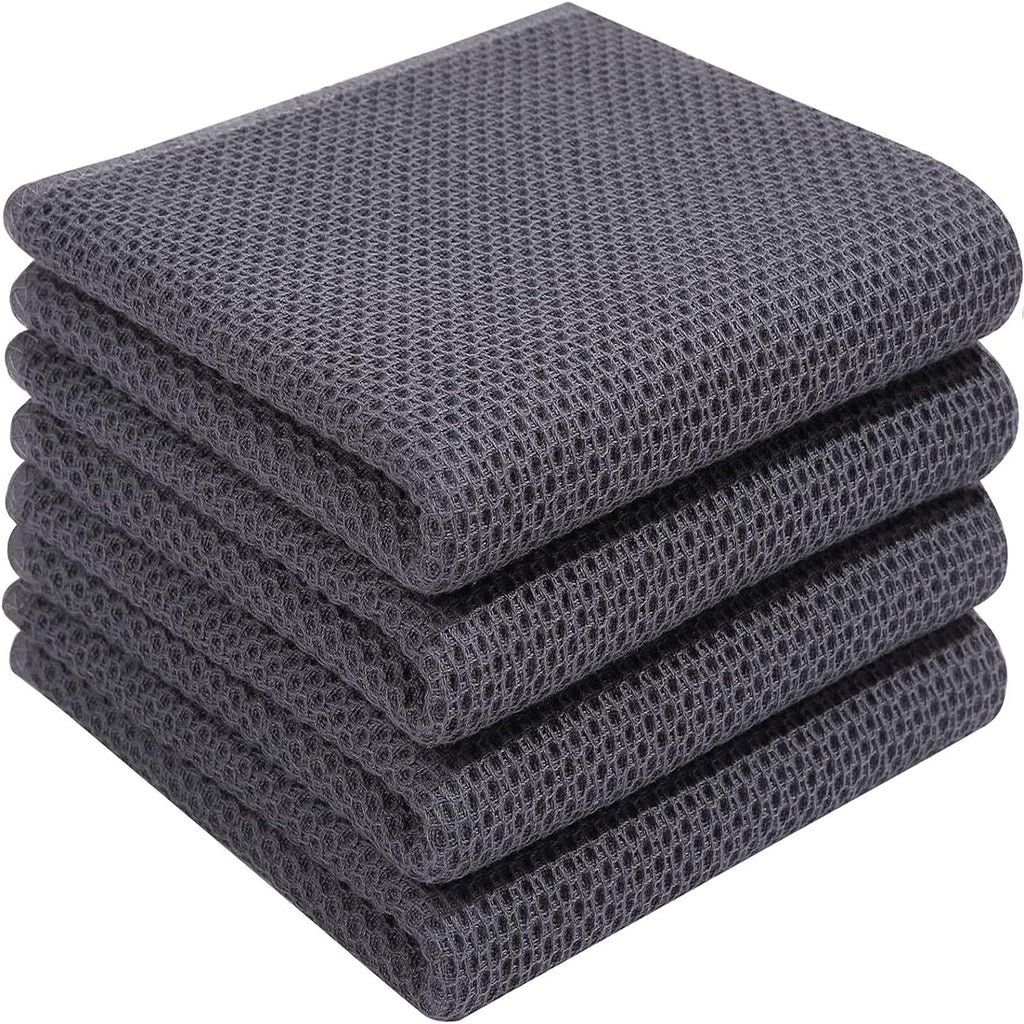 HYER KITCHEN 100% Cotton Waffle Weave Kitchen Dish Towels, Super Soft Absorbent Quick Drying Cleaning Towel, 13x28 Inches, 4-Pack, Dark Grey