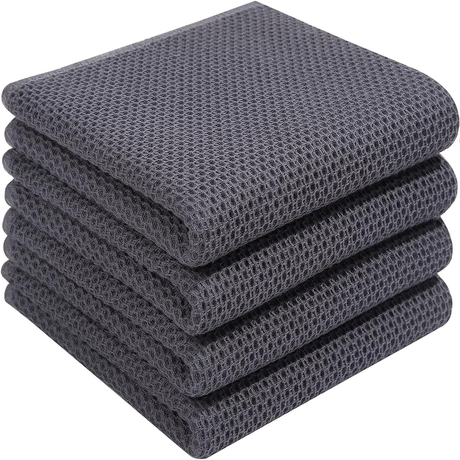 HYER KITCHEN 100% Cotton Waffle Weave Kitchen Dish Towels, Super Soft Absorbent Quick Drying Cleaning Towel, 13x28 Inches, 4-Pack, Dark Grey