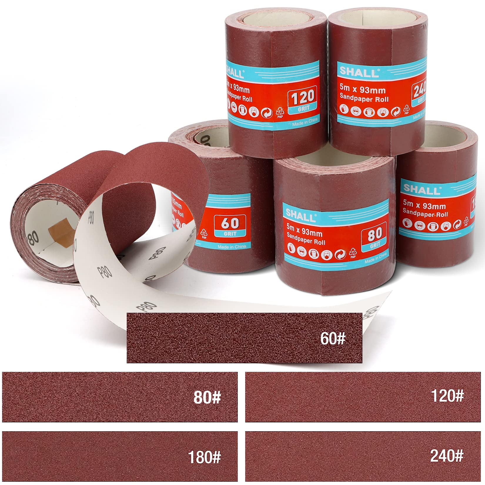 SHALL Sandpaper Roll Set 5 Rolls, 9.3cm x 5m, Aluminum Oxide Sandpaper for Woodworking, 60/80/120/180/240 Grit, Aluminium Oxide Abrasive Sanding Paper, for Sanding, Polishing and Rust Removal