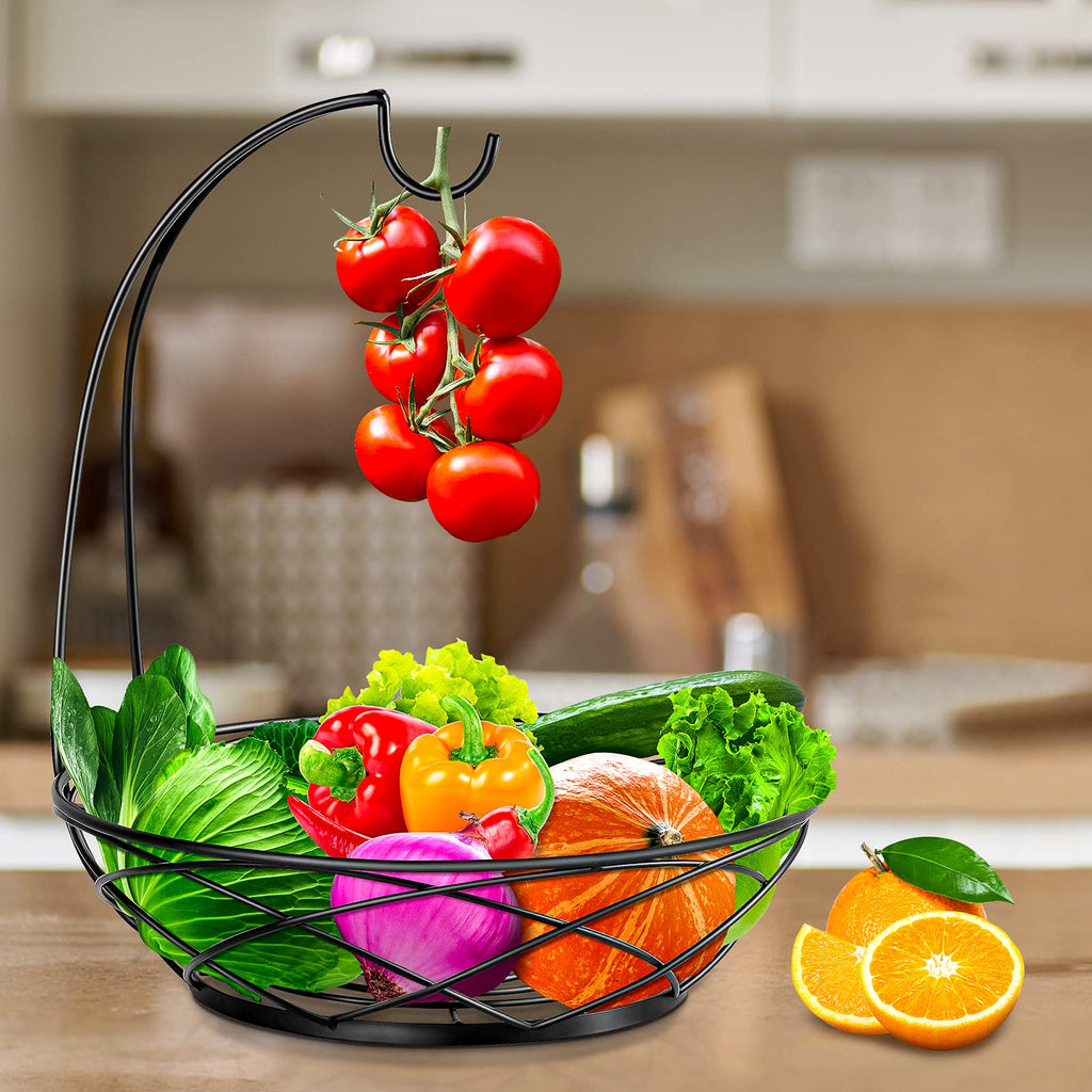 Fruit Bowl with Banana Hanger - Fruit Basket for Kitchen Counter with Holder - Black Chrome
