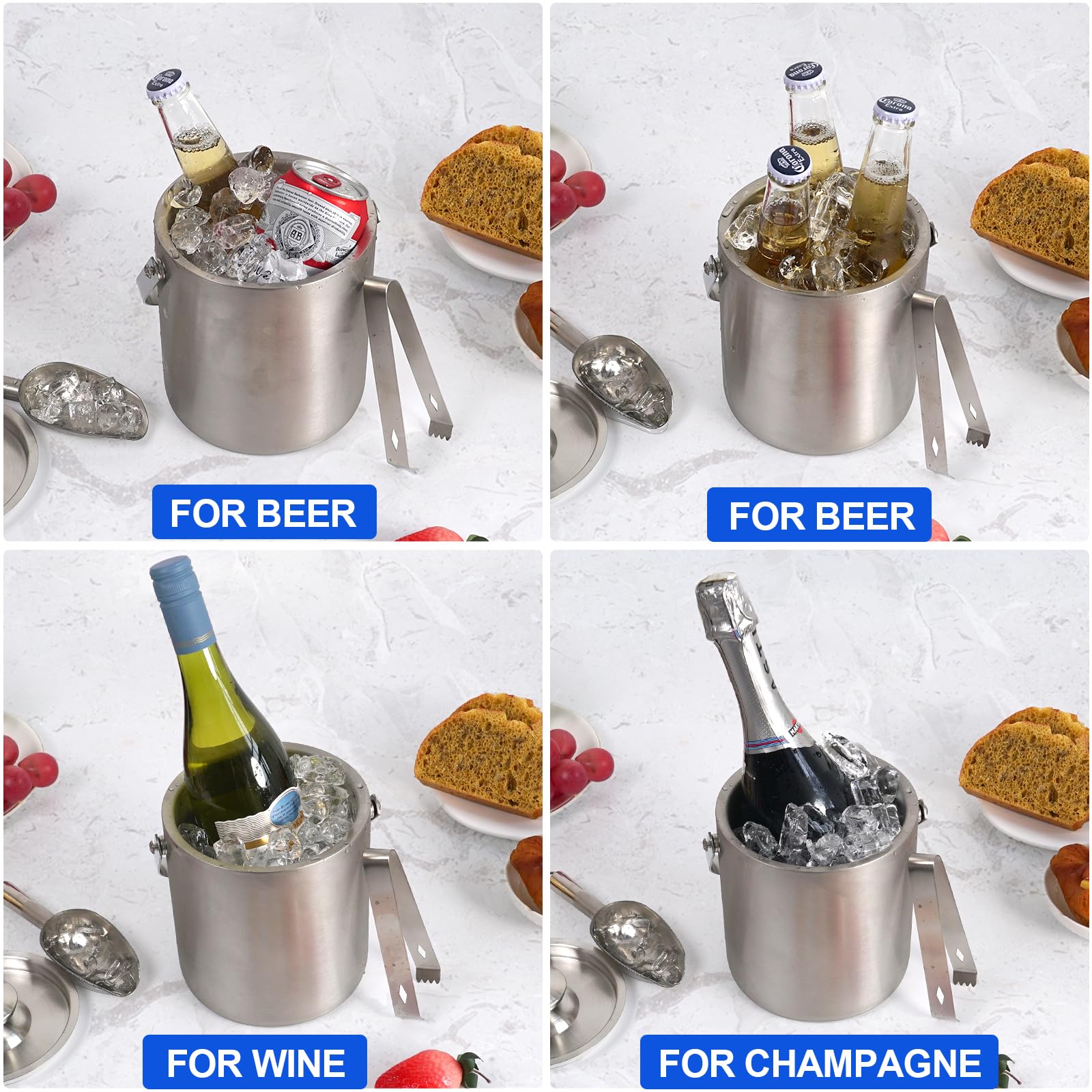 CAOANTRY Ice Bucket with Lid & Tong- Well Made Insulated Stainless Steel Keep Ice Frozen Longer - Ideal for Cocktail Bar, Parties, Chilling Wine, Champagne - 2 Liter (Stainless Steel)