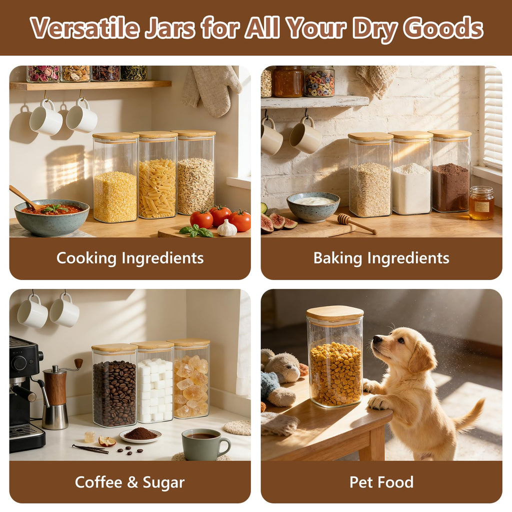 KEYWING 50oz Airtight Glass Storage Containers with Lids Set of 3, Square Glass Jars with Bamboo Lids, Kitchen Pantry Storage Canister for Flour, Sugar, Cereal, Coffee Beans, Pasta, Cookies & Tea