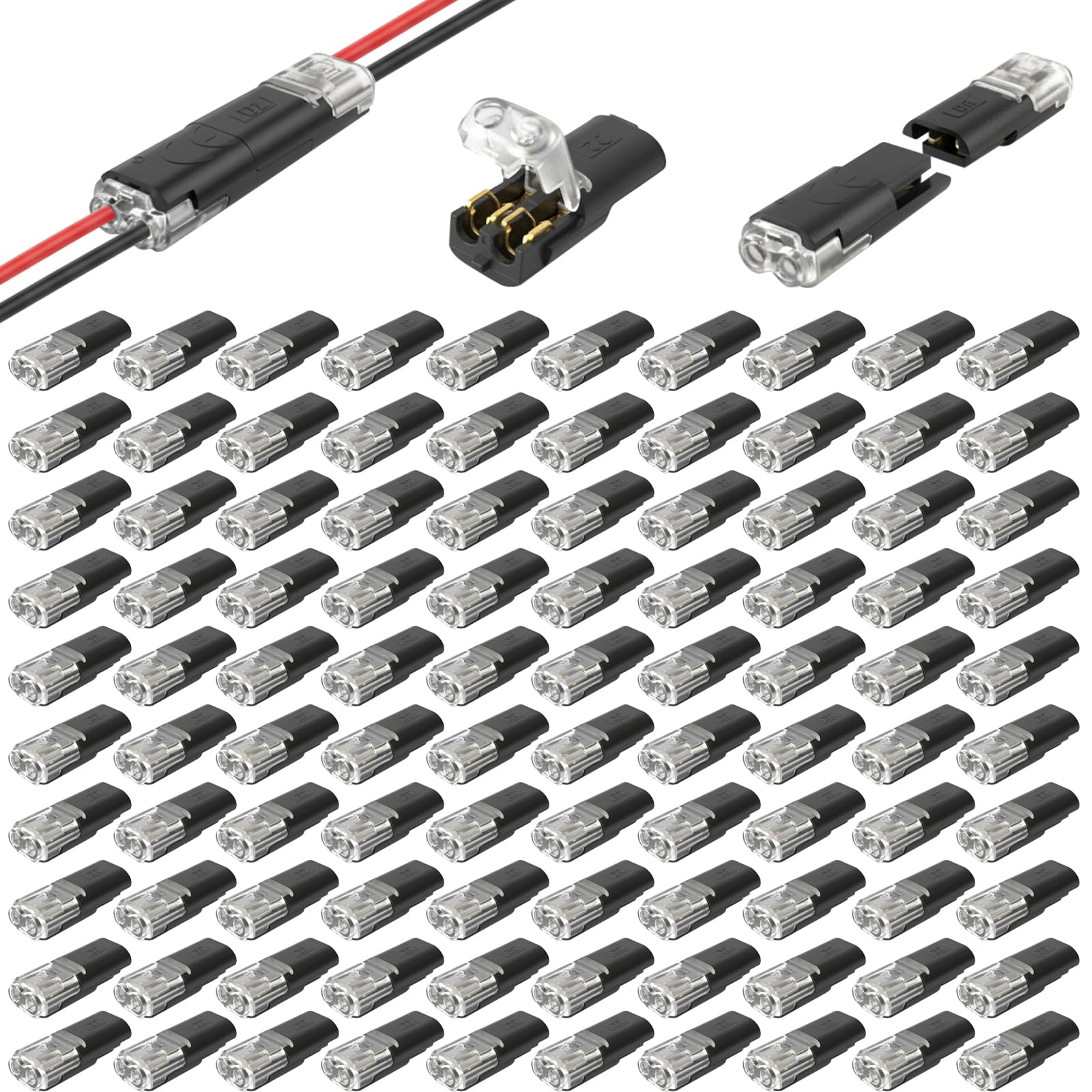 100 PCS Double Wire Plug in Connector Led Light Strip, 2 Pin Low Voltage Electrical Cable Connectors with Locking Buckle, Solderless No Stripping for Fast Connectors