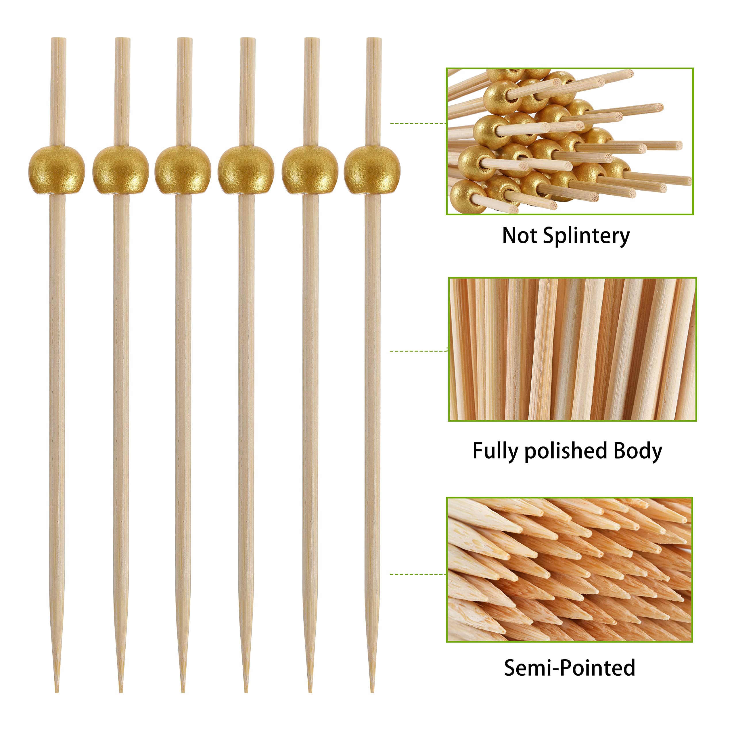 600 Pcs Cocktail Picks, 12 cm Toothpicks for Appetizers, Bamboo Cocktail Sticks Skewers for Drinks, Desserts, Charcuterie, Wedding Party Fancy Toothpicks, Gold Pearl Mini Food Picks Decorative