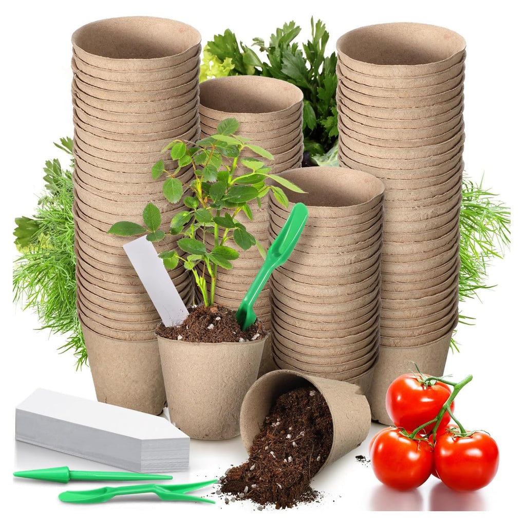100-Pack 2 Inch Peat Pots for Seedling with Plant Labels, Biodegradable Seed Starter Pots, Plant Cups with Mini Seedling Tools for Garden Germination Nursery Pot