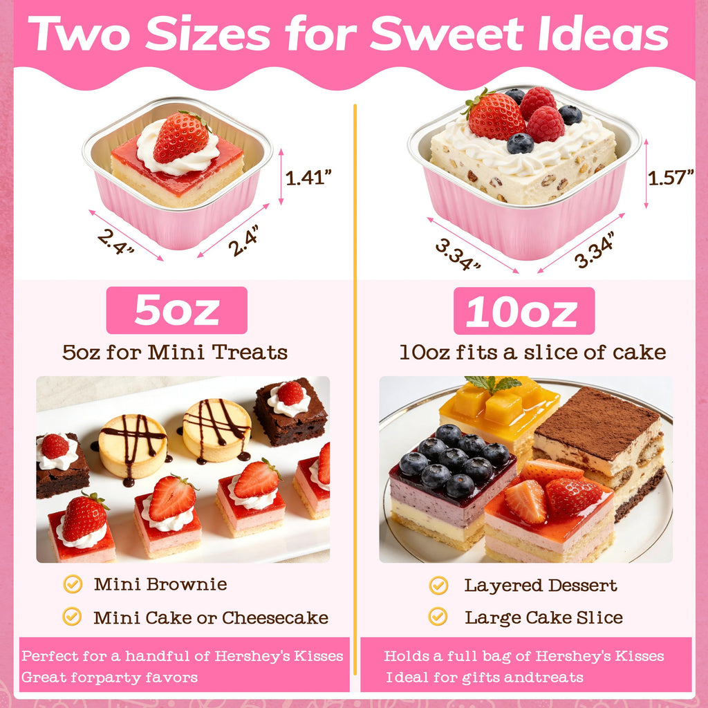 NPLUX 50 Pack Mini Cake Pans with Lids and Spoons Aluminum Foil Pans Square Cupcake Liners Brownie Baking Cups Disposable Ramekins Holders(Pink, 5oz)