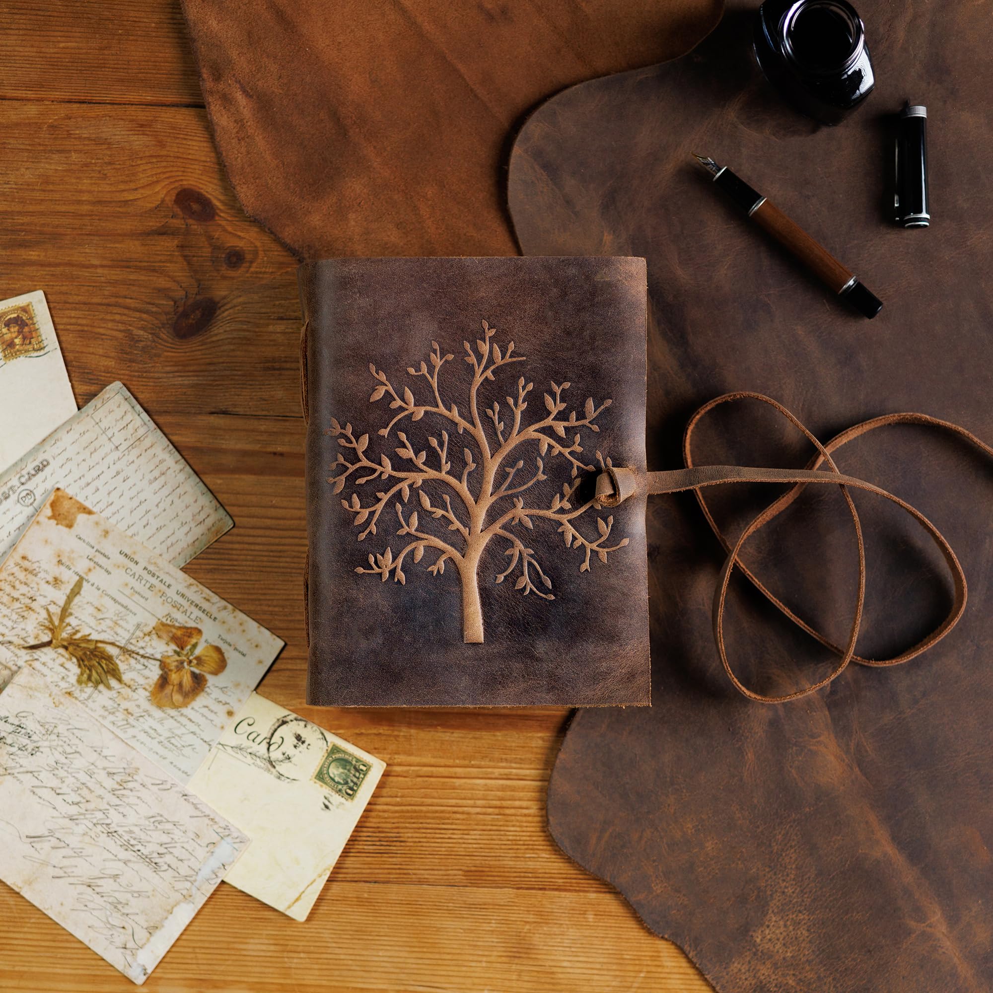 Leather Journal Lined Notebook - Embossed Tree of Life Journal for Women, 7 x 5 Inches Mens Diary Drawing Notebooks - 400 pages - Lined Paper College Ruled - Inspirational Gifts for Women by MOONSTER®