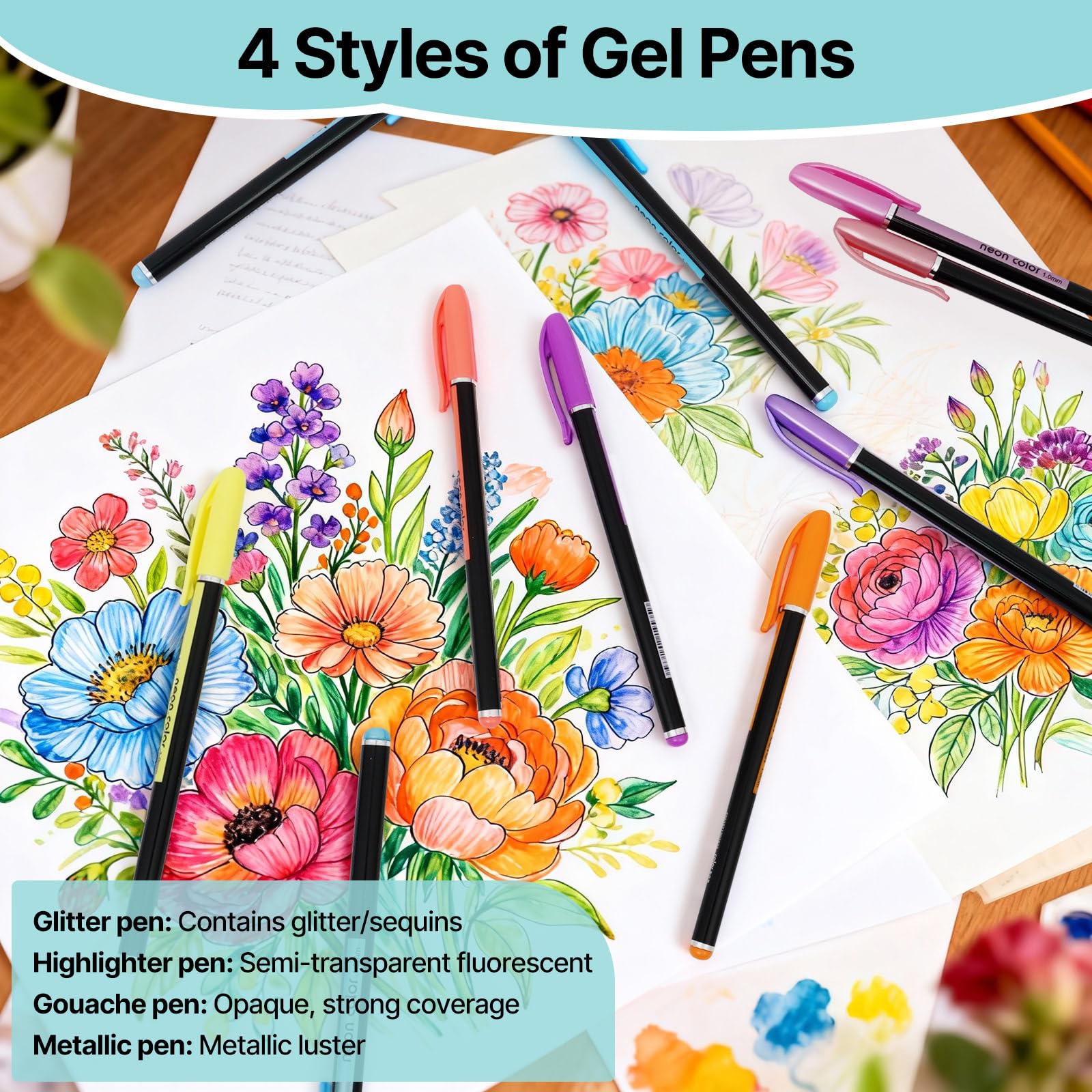 BQUKKIMAG 60Pack Glitter Gel Pens Set, Vibrant Metallic and Shimmer Gel Pens for Artists, No-Skip Ink Fine Tip Pens for Sketching, Painting, Adult Coloring
