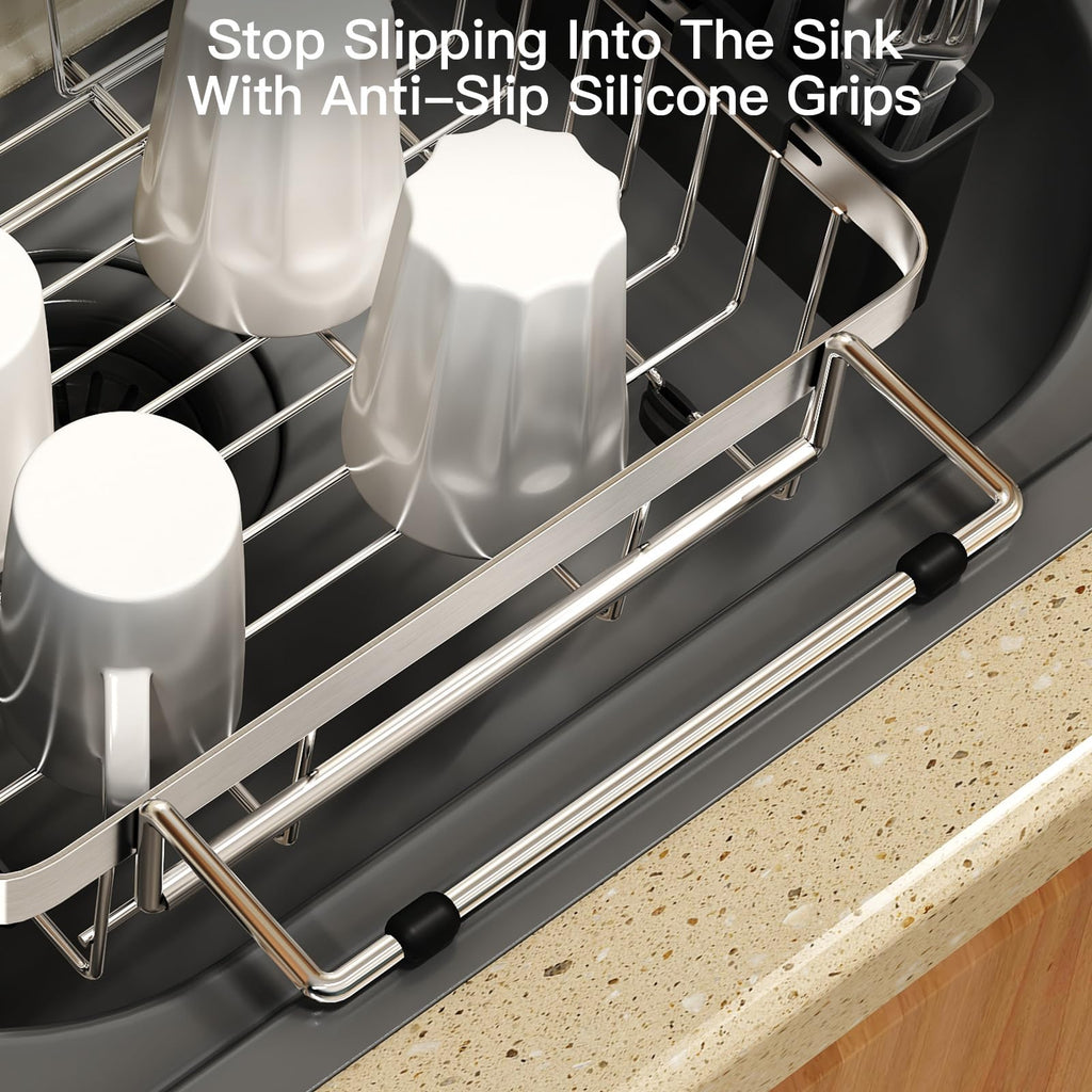 MAJALiS Dish Drying Rack in Sink, Expandable Stainless Steel Over Sink Dish Rack, Adjustable Capacity Dish Strainers for Kitchen Sink Counter with Utensil Holder, Silver