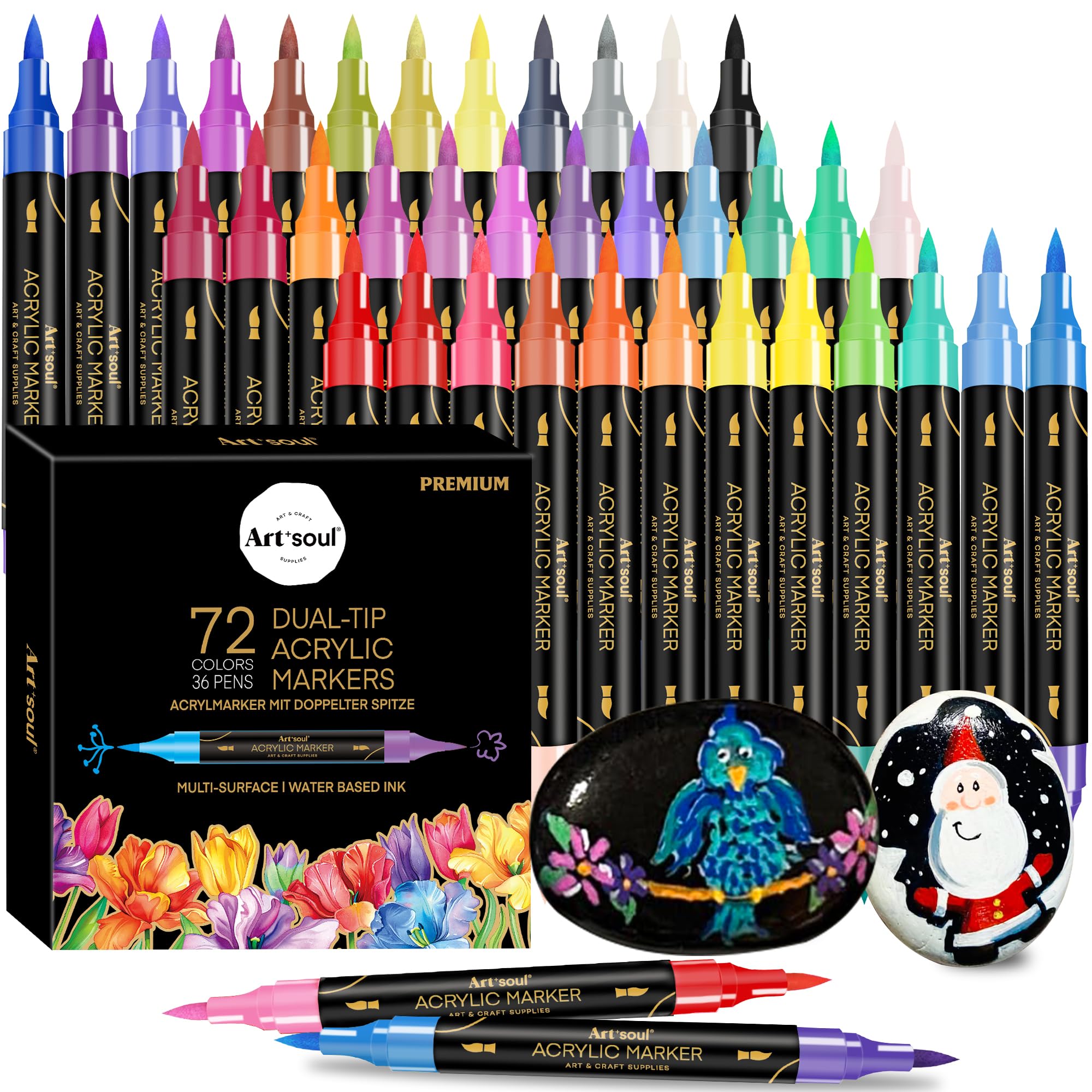 Art+soul 72 Colors Acrylic Paint Pens, 36 Pack Dual Tip Acrylic Paint Pens Markers for Rock Painting, Wood, Stone, Canvas, Ceramic, Glass Surfaces, DIY Crafting & Art Supplies