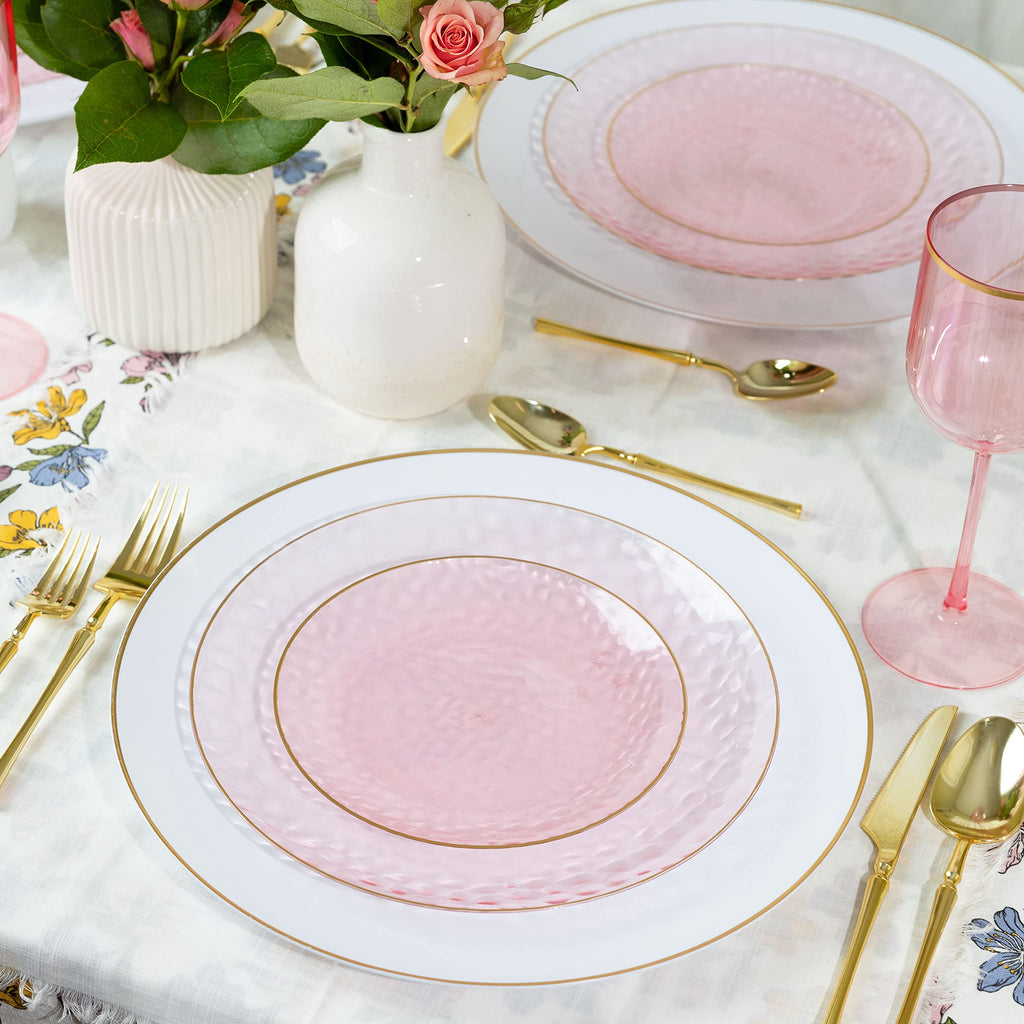 PLASTICPRO 32 Piece Combo Plates Set includes 16-7'' inch Plate & 16-10'' inch Plates Pink Hammered Plastic Party Plate Premium heavyweight Elegant, Disposable, Tableware, Dishes,