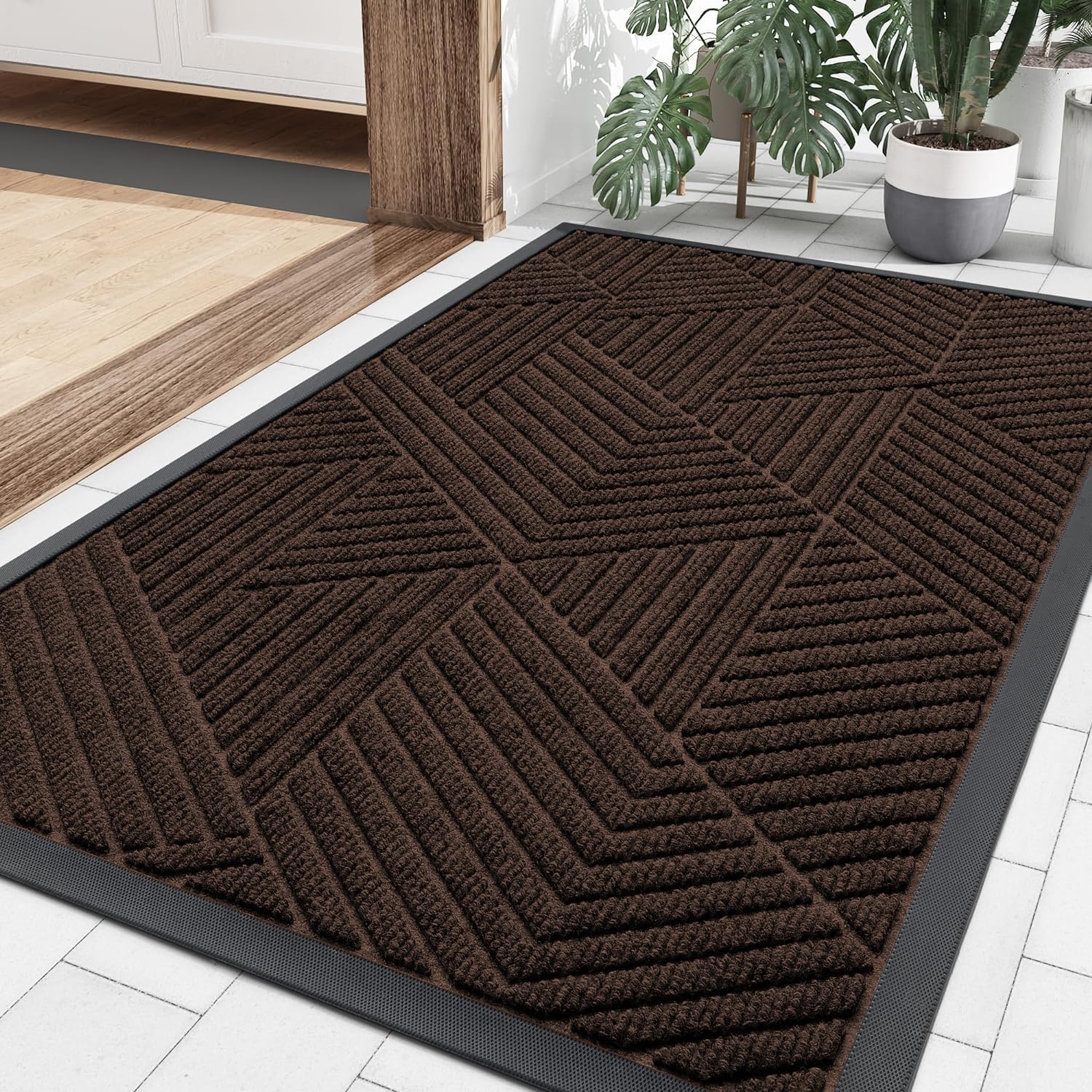 OLANLY Front Door Mat Outdoor Indoor, Heavy Duty Non Slip Rubber Mat, Absorbent Outdoor Rug, Easy Clean Welcome Mat, Low Profile Entryway Rugs, 29.5"x17", Dark Brown