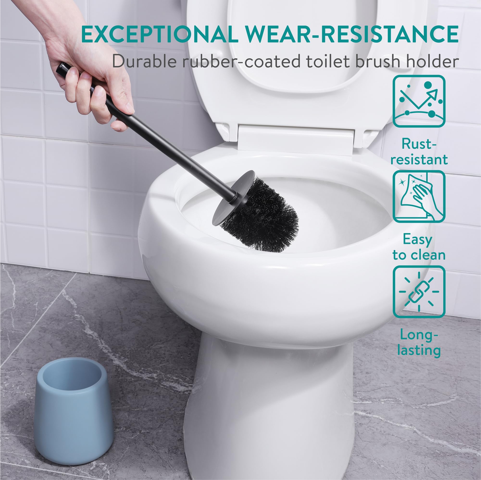 Navaris Toilet Brush and Holder Set, Blue - Toilet Brushes & Holders - Soft Touch & Rubber Coated Loo Brush with Stainless Steel Handle - Adjustable Silicone Water Stopper