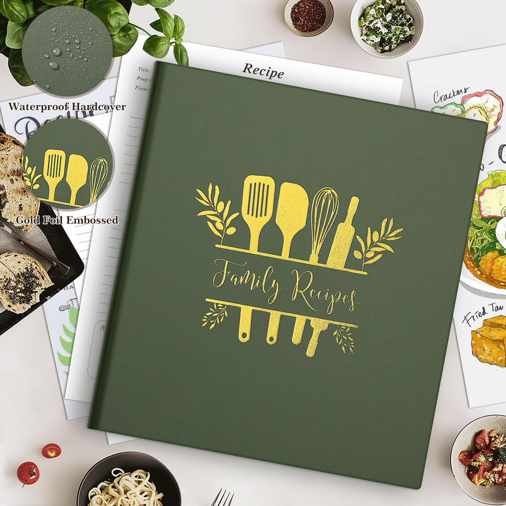 Lanpn Recipe Binder 8.5x11 3 Ring Kit, Waterproof Recipe Book to Write in Your Own Recipes, Blank Organizer Recipe Binder with 60 Plastic Sleeves,116 Recipes, Dividers,Labels & Stickers, Green