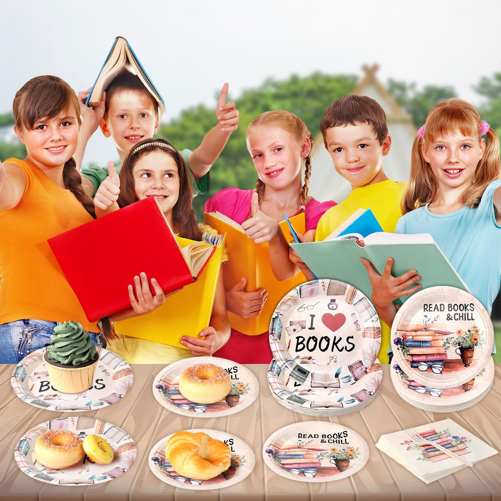 96 Pcs Book Party Decorations Tableware Set Books Lover Gift Disposable Book Club Paper Plate Napkin Fork for Guest Library Reading Storybook Party Supplies Birthday Baby Shower Party Dinnerware Decor