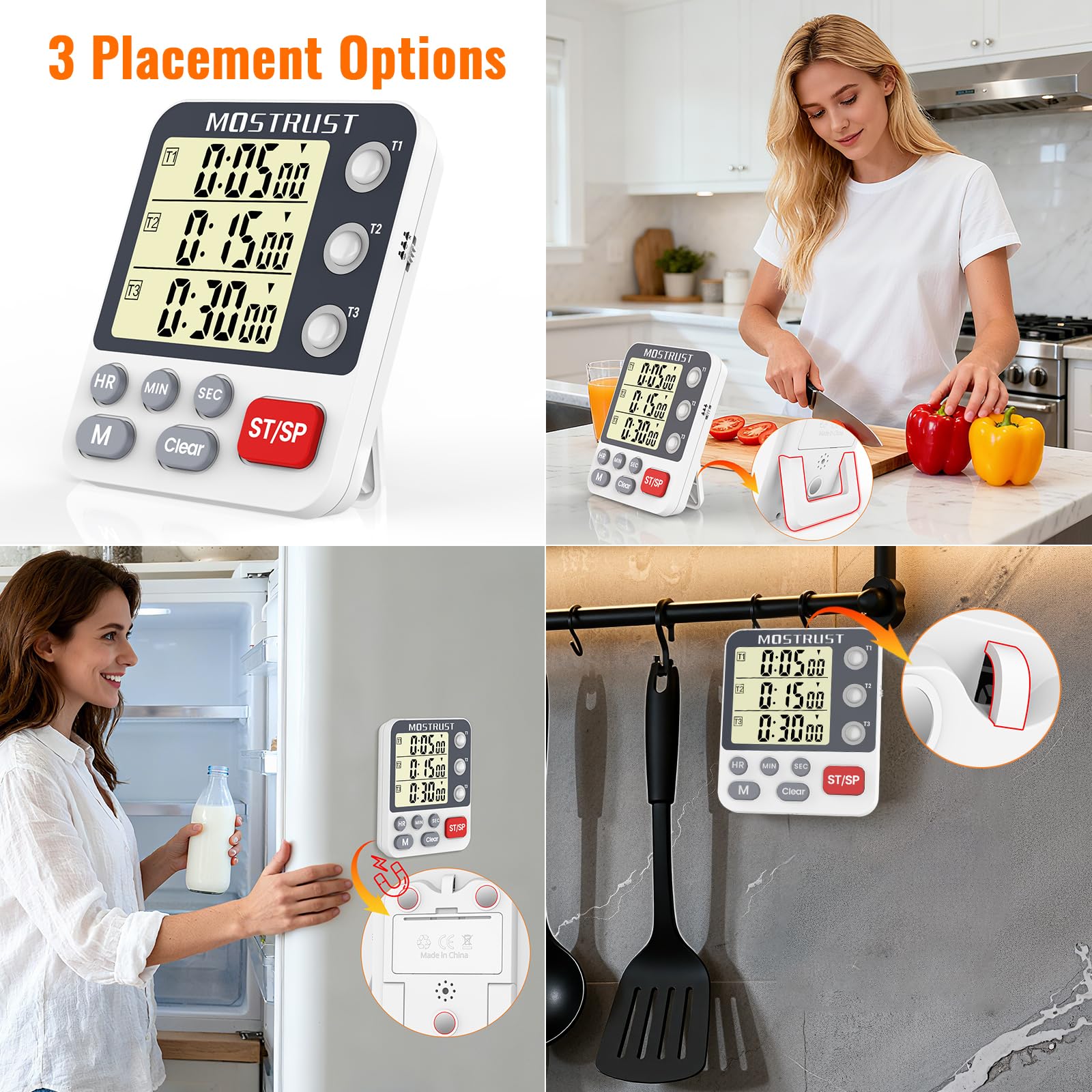 MOSTRUST Digital Dual Kitchen Timer, 3 Channels Count UP/Down Timer, Cooking Timer, Large Display Triple Timer, Loud Volume Alarm and Flashing Light with Magnetic Back, Stand, Battery Included (M318)