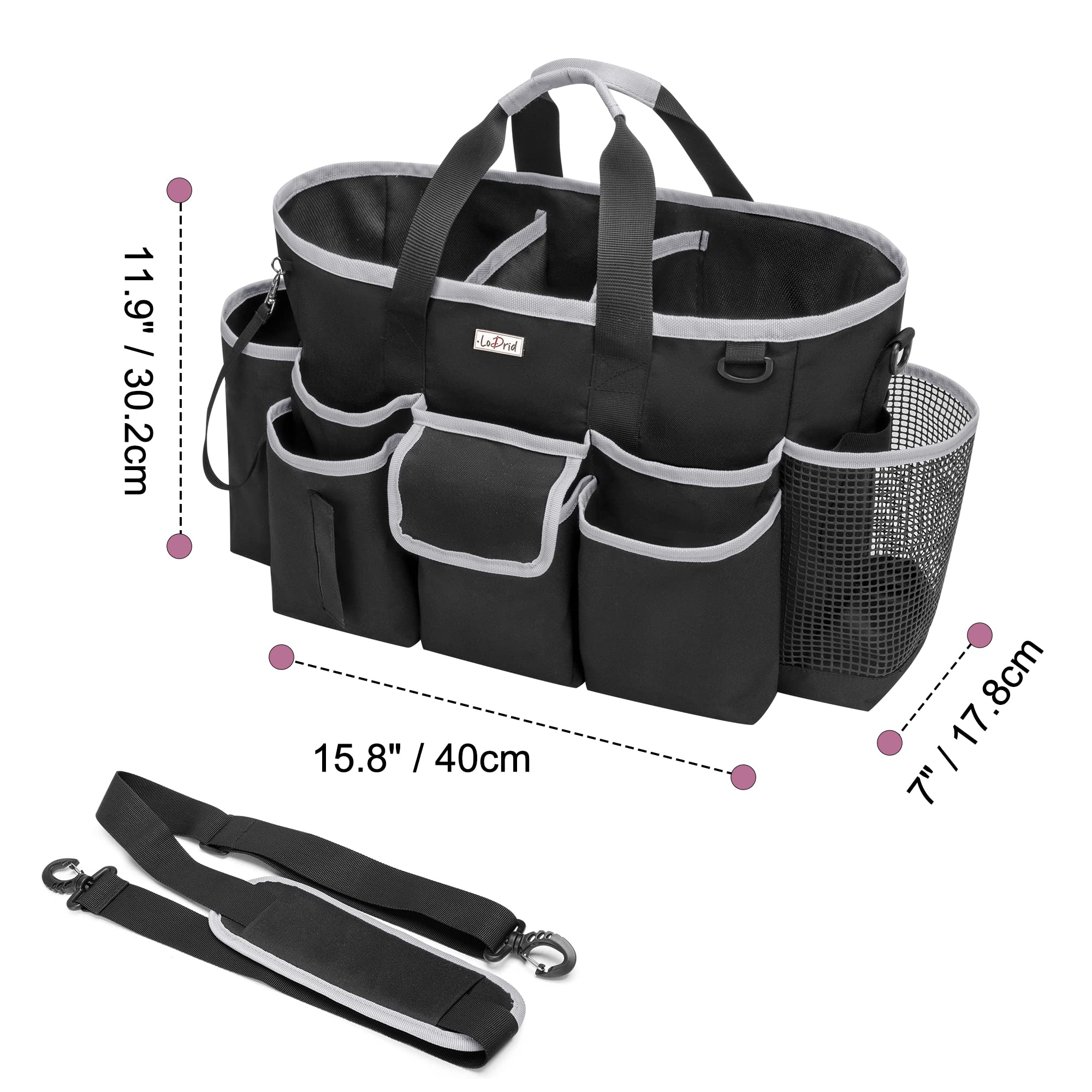 LoDird Cleaning Caddy Bag with 3 Compartments and Multifunctional Pockets, Cleaning Supplies Organizer for Cleaning Work with Handle and Shoulder Strap, Gray