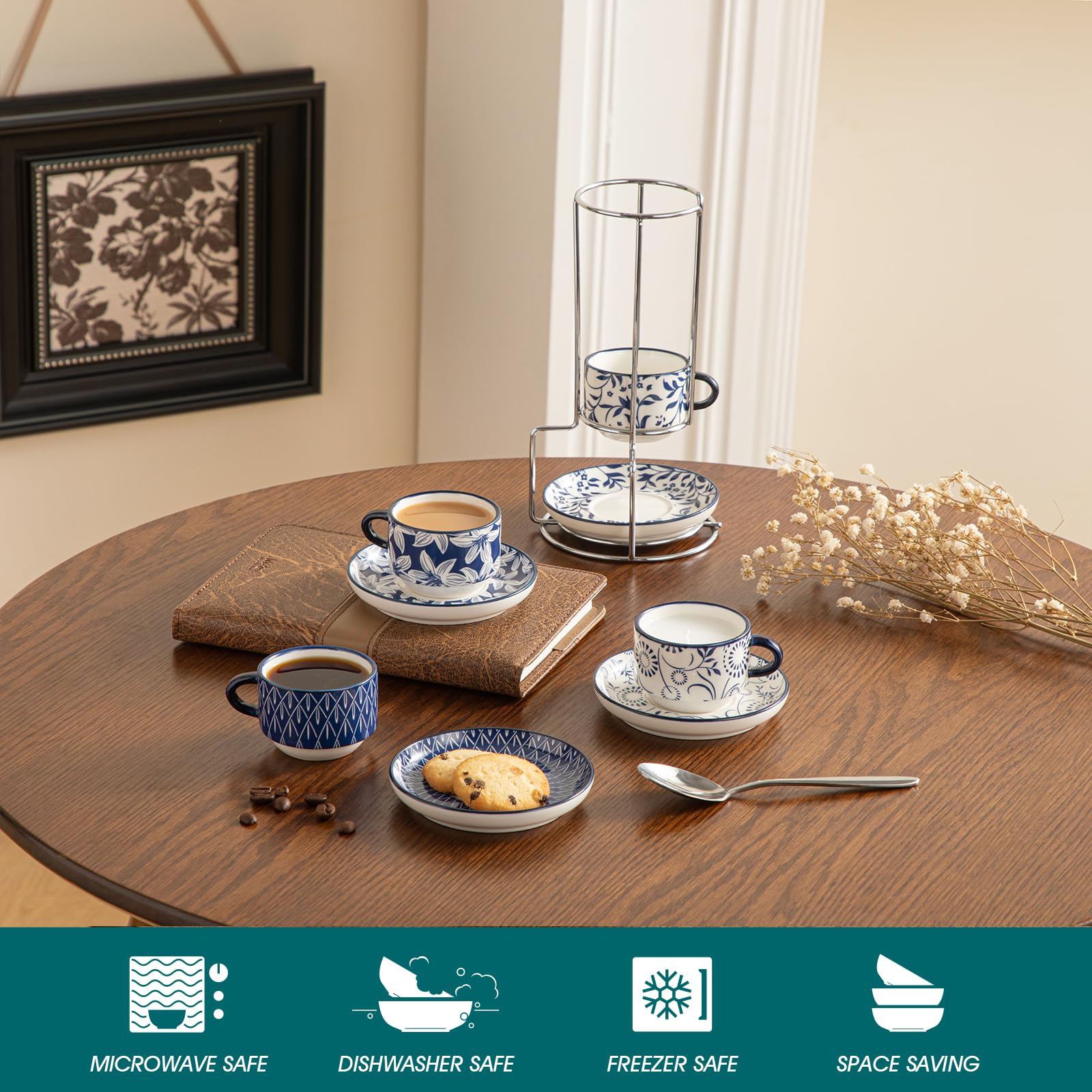 vancasso 2.5OZ Espresso Cups Set of 4, Porcelain Stackable Cappuccino Cups, Demitasse Coffee Cups and Saucers Set with Metal Stand for Specialty Drinks, Series SELENE (Vintage Blue, 2.5 Ounce)