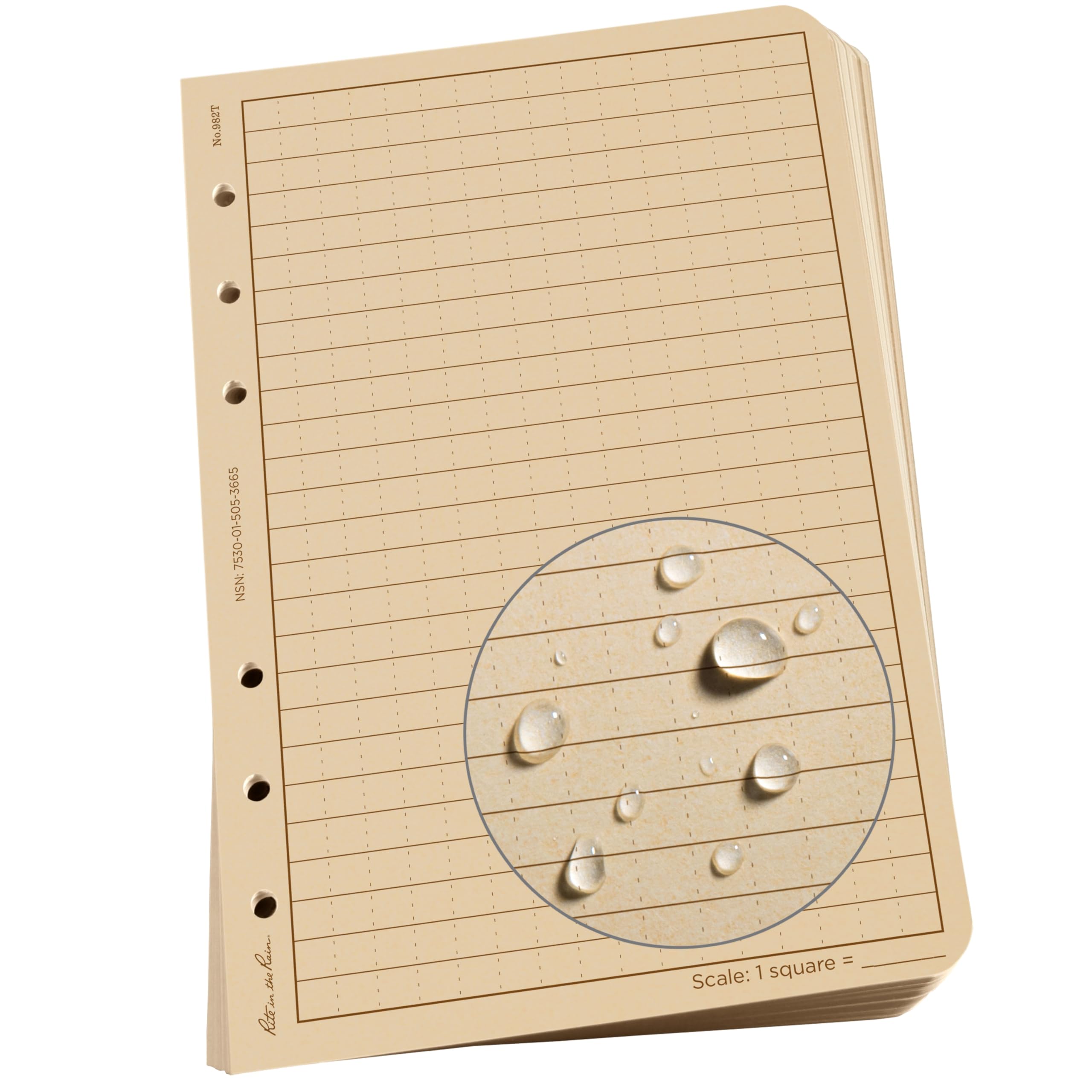 Rite in the Rain Weatherproof Loose Leaf Paper, 4.625" x 7", 32# Tan, Universal Pattern, 100 Sheet Pack (No. 982T)