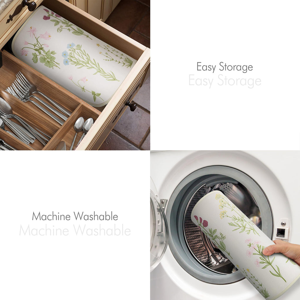 AELS XL 24" x 18" Dish Drying Mat Set of 2 for Kitchen Counter, Sage Green Reversible Absorbent Microfiber Dish Drainer/Rack Pads with Hanging Loop, Wildflower Botanical Floral Flower