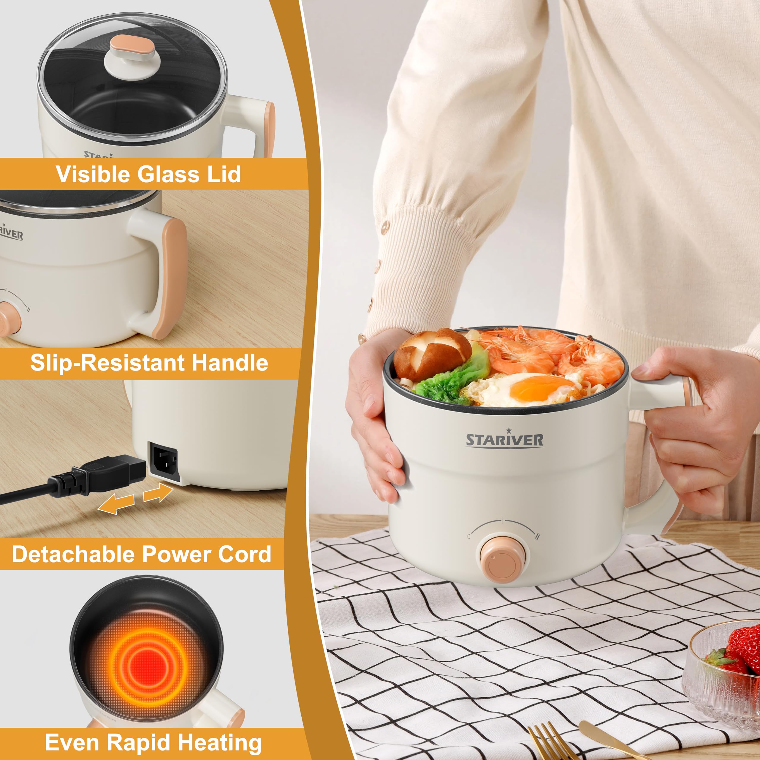 Stariver 1.5L Electric Hot Pot with Dual Power - Mini Portable Non-Stick Noodle Cooker for Ramen, Soup, Pasta, Egg, Oatmeal - Overheat & Boil-Dry Protection - Ideal for Dorm, Office, Travel Gift