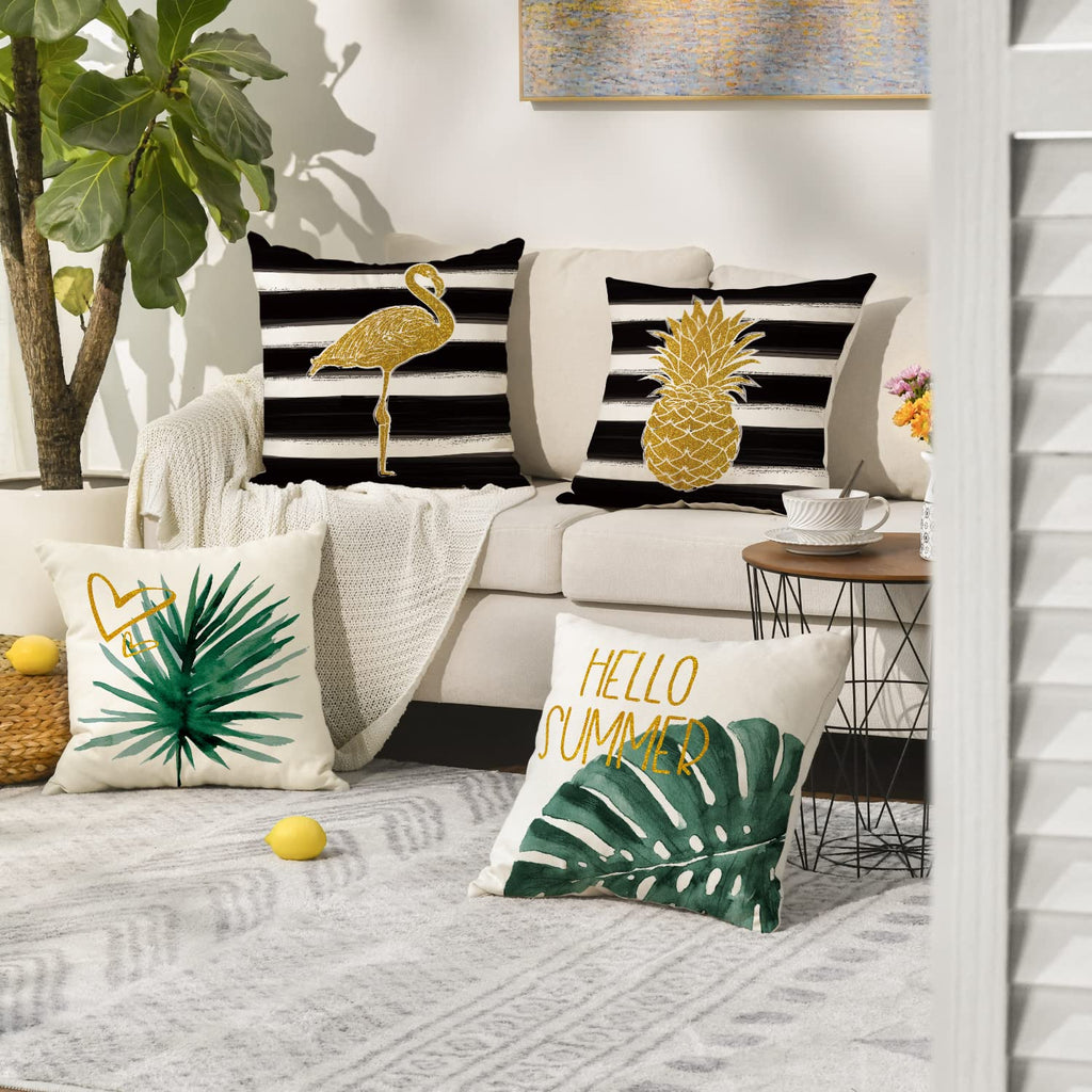 AVOIN colorlife Watercolor Stripes Tropical Plants Throw Pillow Cover, 18 x 18 Inch Pineapple Flamingo Monstera Cushion Case for Sofa Couch Set of 4