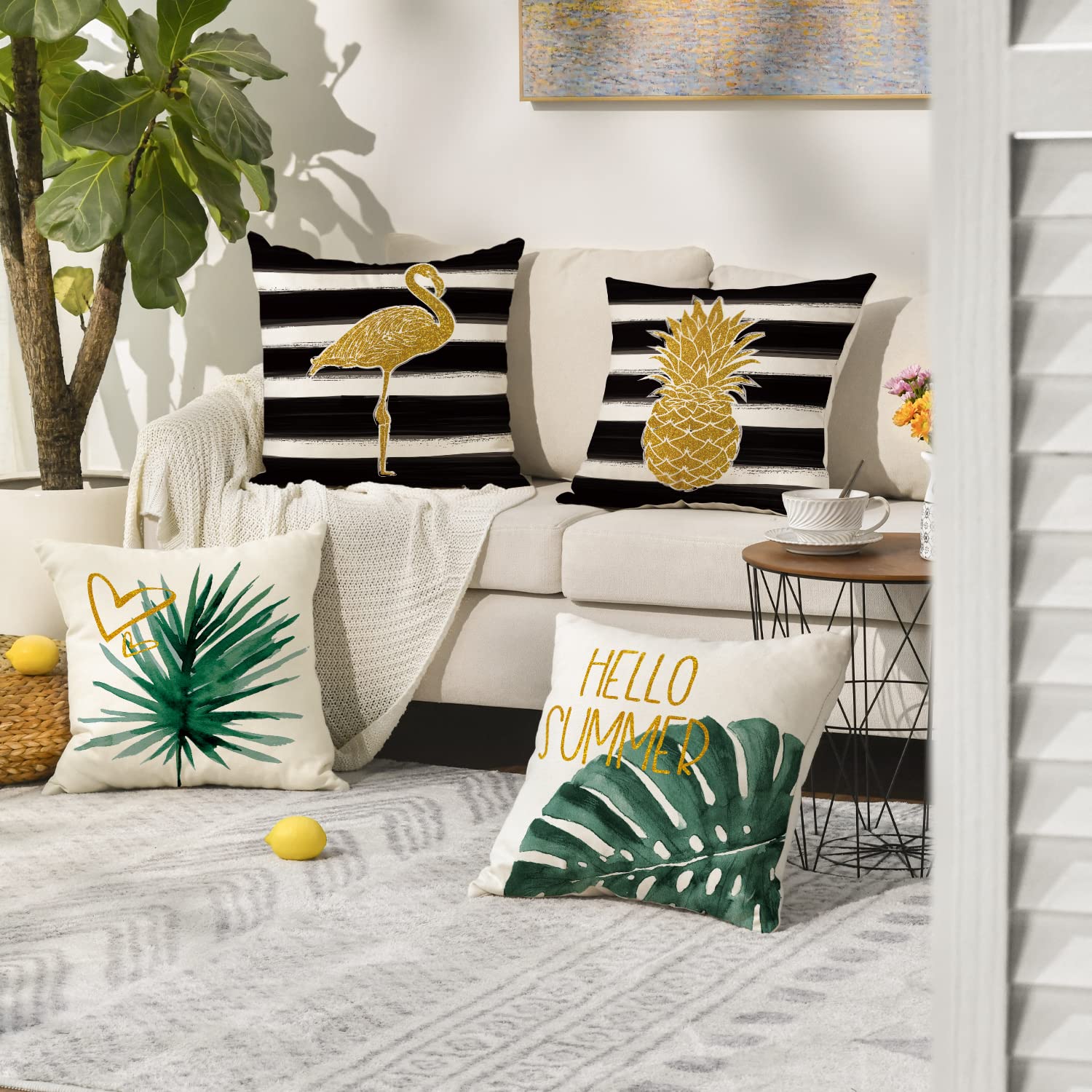 AVOIN colorlife Watercolor Stripes Tropical Plants Throw Pillow Cover, 18 x 18 Inch Pineapple Flamingo Monstera Cushion Case for Sofa Couch Set of 4