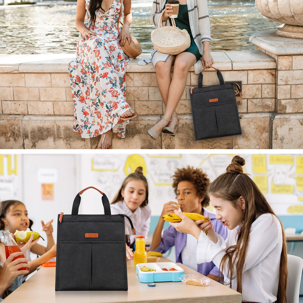 Lacdo Lunch Bag for Women Men Insulated Lunch Tote Bags Waterproof Reusable Lunch Box Soft Cooler with Pockets for Work School Travel Picnic, Black