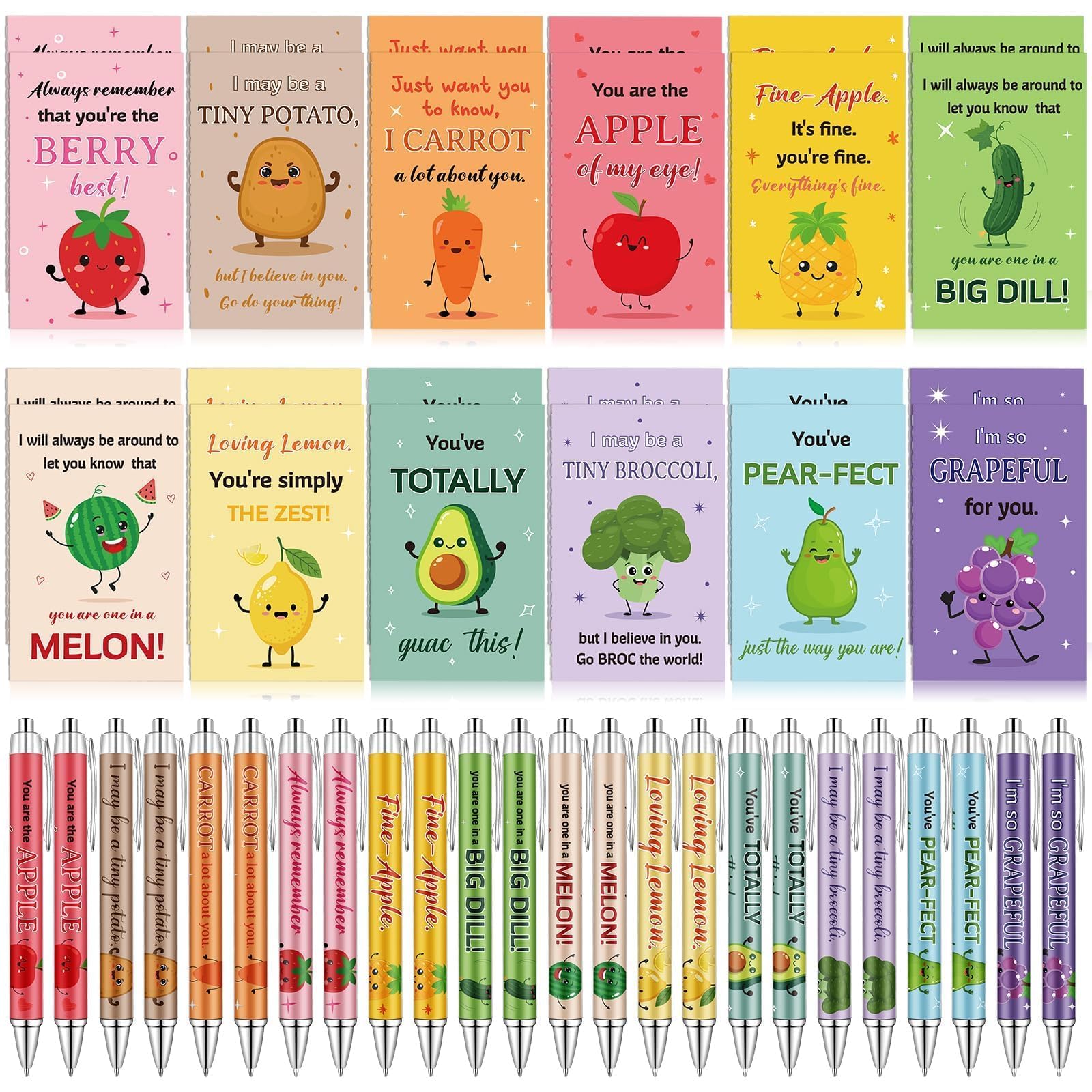 24 Sets Employee Appreciation Gifts Bulk Inspirational Mini Notebook with Pens Cute Fruit Vegetable Pun Design Motivational Pocket Notepads Positive Gifts for Coworker Staff Volunteer Teacher Student