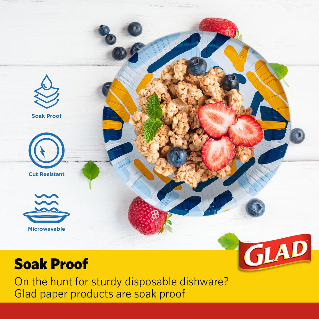 Glad Round Disposable Paper Bowls, Scribble Abstract Design - Heavy Duty, Soak Proof, Cut-Resistant, Microwavable Bowl for All Foods & Daily Use, 16 Oz, 50 Count