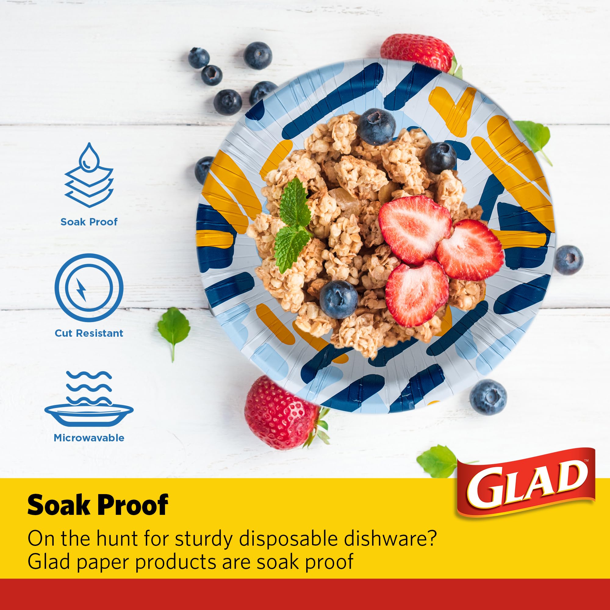 Glad Round Disposable Paper Bowls, Scribble Abstract Design - Heavy Duty, Soak Proof, Cut-Resistant, Microwavable Bowl for All Foods & Daily Use, 16 Oz, 50 Count