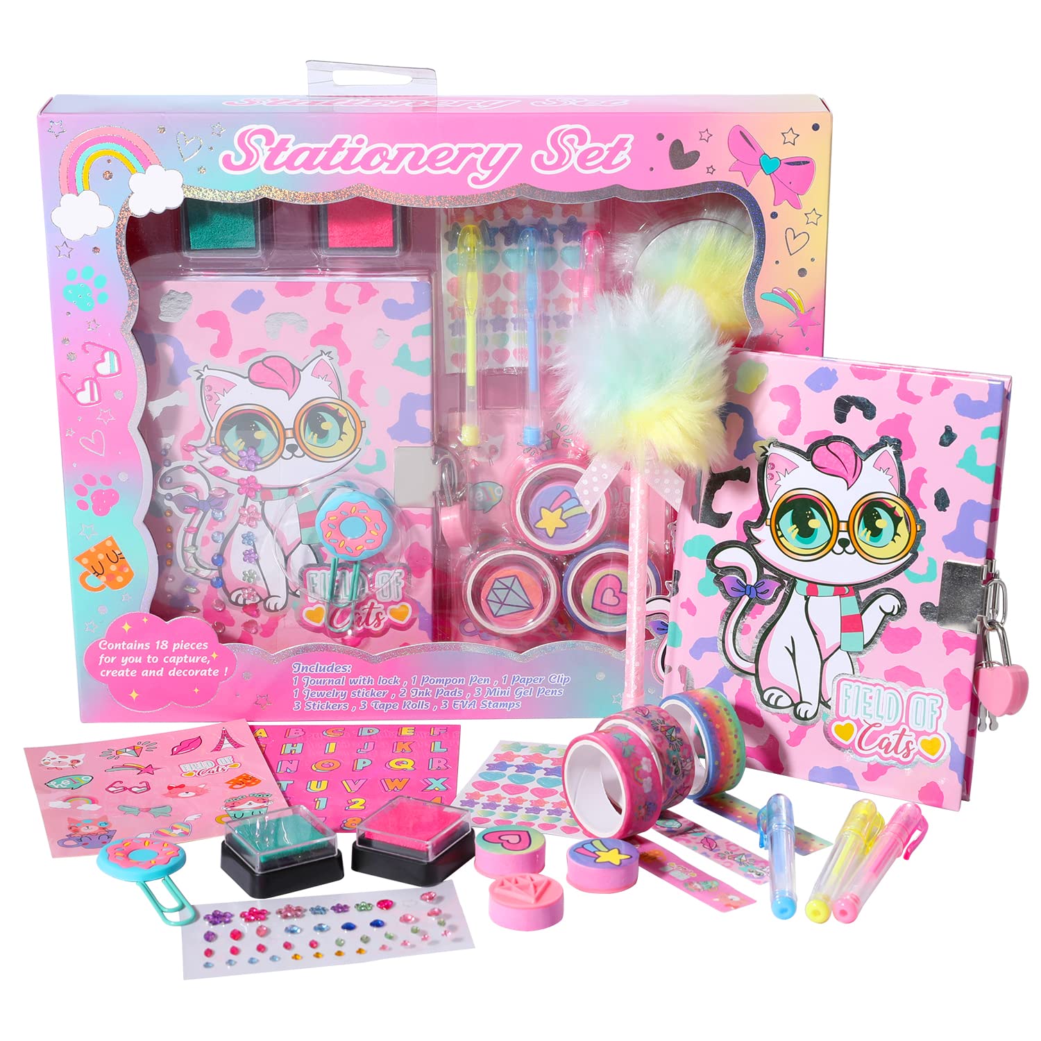 Cat Diary for Girls with Lock, Cat Stationery Set with Secret Diary, Stamps, Pens, Cat Journal Notebook Birthday Gifts for Little Girls Age 5 6 7 8 9 10-12