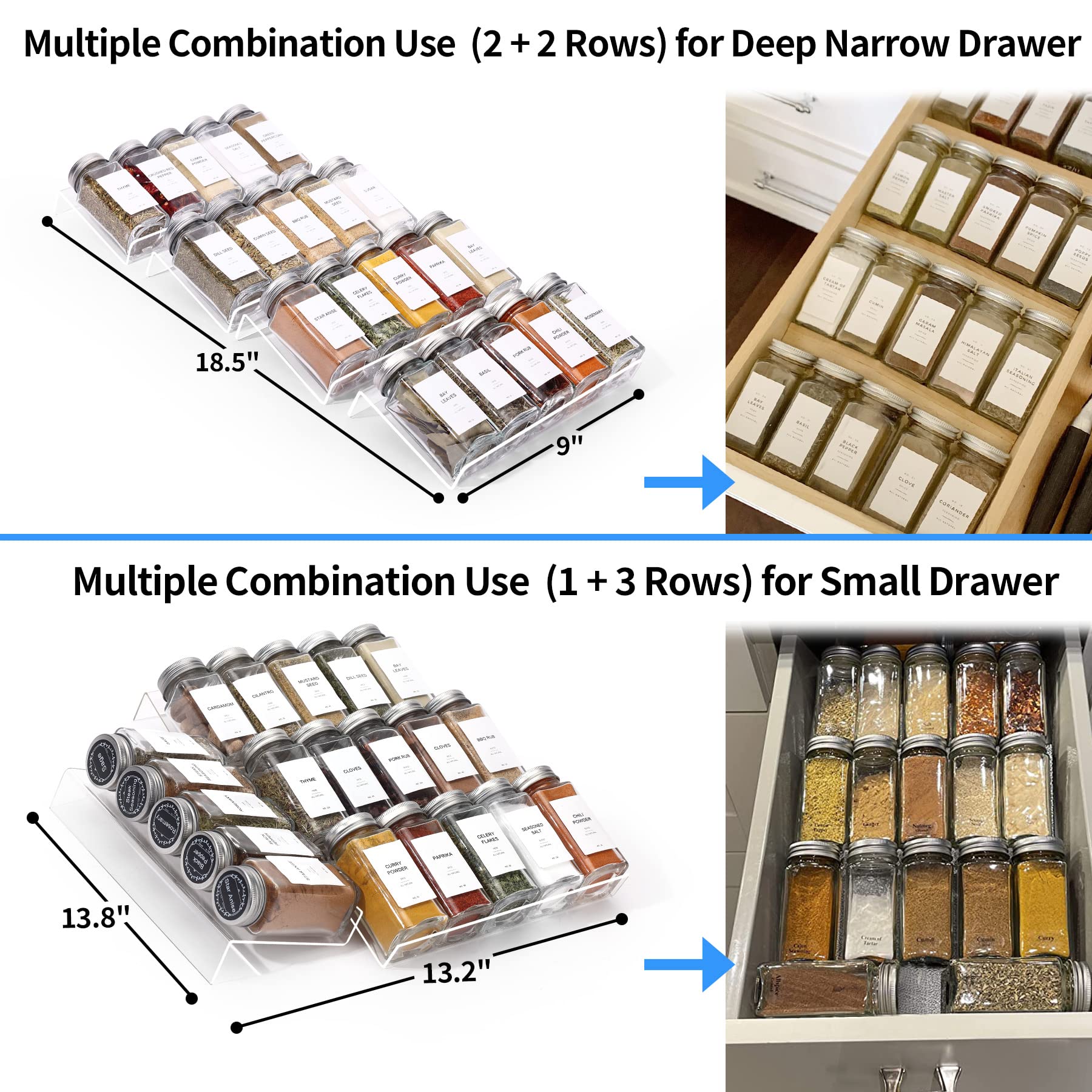 MIUKAA Clear Acrylic Spice Drawer Organizer, 4 Tier- 1 Set Seasoning Jars Drawers Insert, Kitchen Spice Rack Tray for Drawer/Countertop (Jars not included)