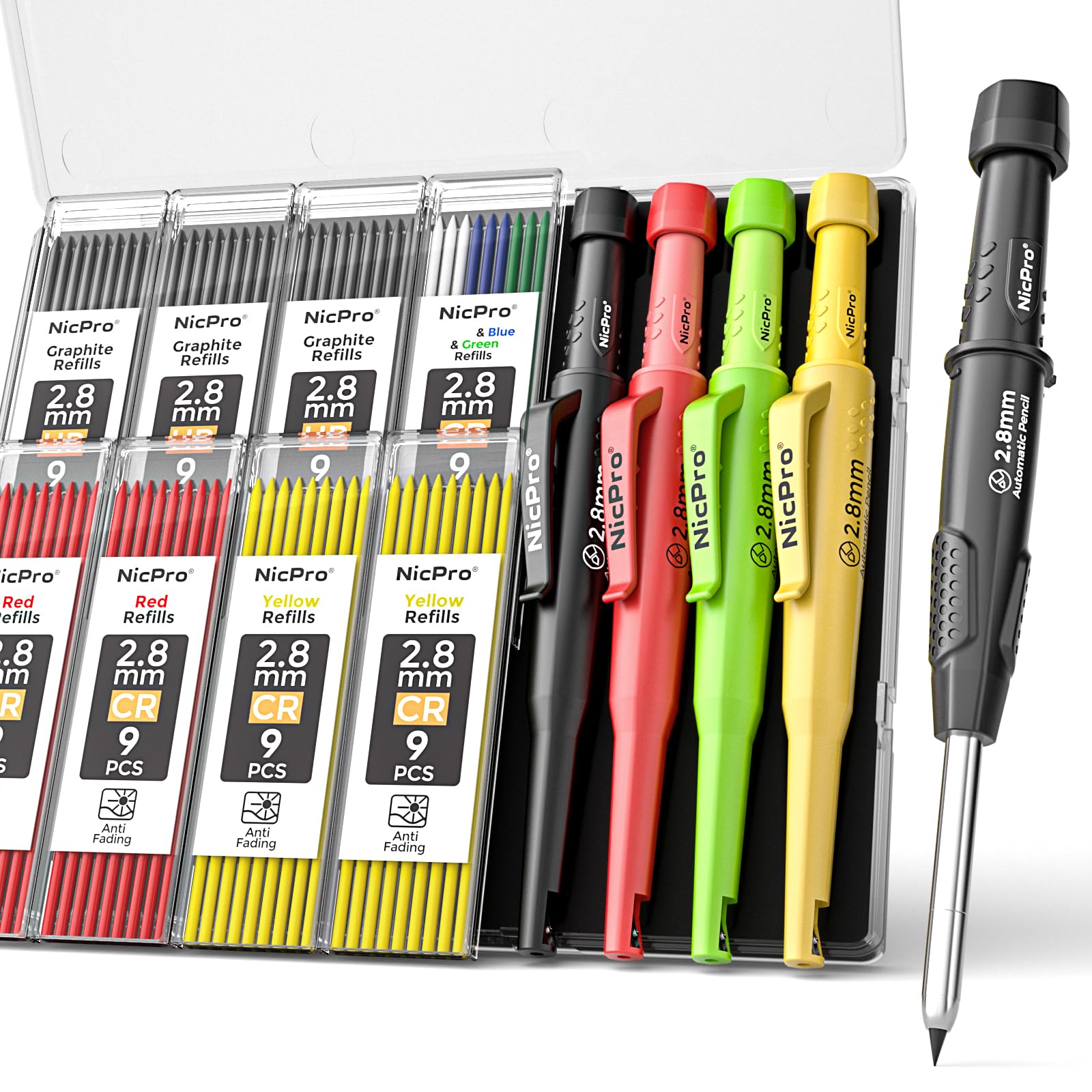 Nicpro 4 Pack CP3000 Carpenter Pencil with Sharpener, Mechanical Pencils Set with 76 Refills, Heavy Duty Construction Pencil, Carpenter Tools for Architect Marking (Red, Black, Yellow, Green)